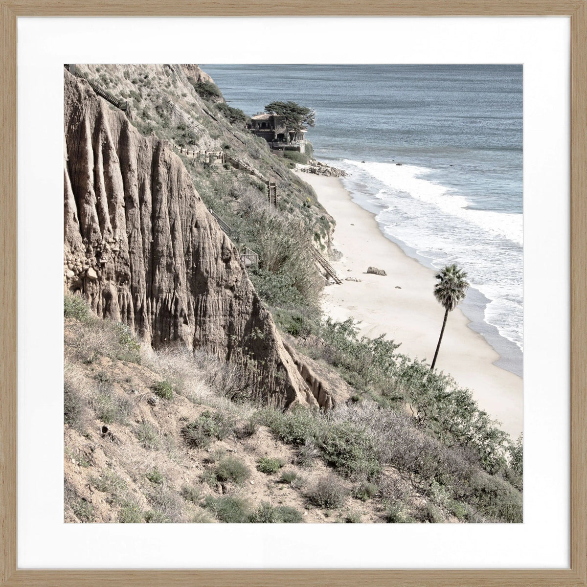 Schwarz-weißes Poster mit Rahmen, Kalifornien Malibu Motiv, quadratisch, 55x55cm, von Cosman-Photocollection