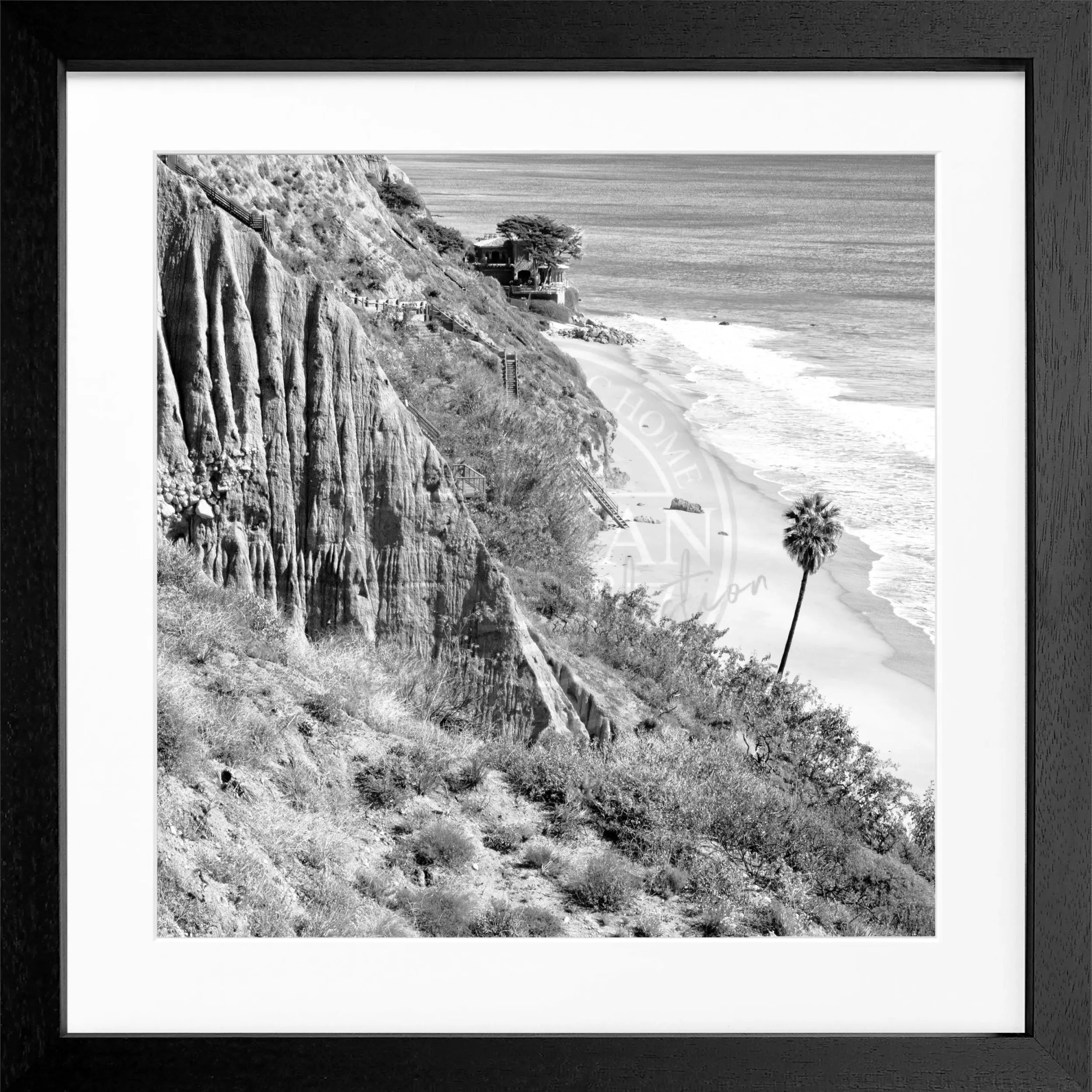 Schwarz-weißes Poster mit Rahmen von Cosman-Photocollection, Malibu-Kalifornien, quadratisches Format 55x55cm, Wanddekoration