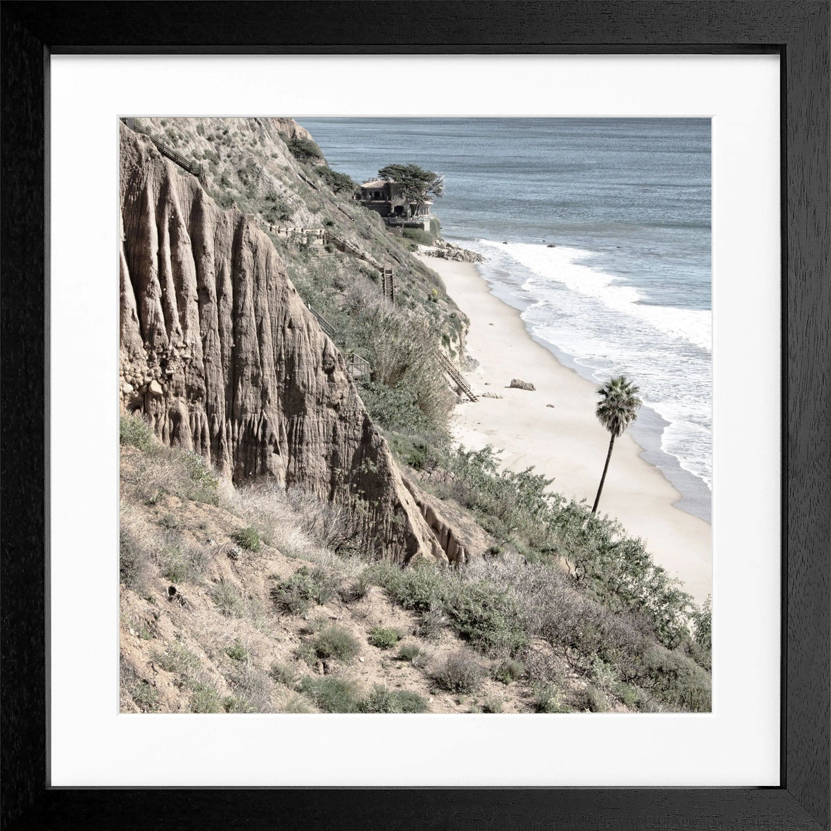 Schwarz-weißes Poster mit Rahmen von Cosman-Photocollection, Kalifornien Malibu Motiv, quadratisch 55x55cm
