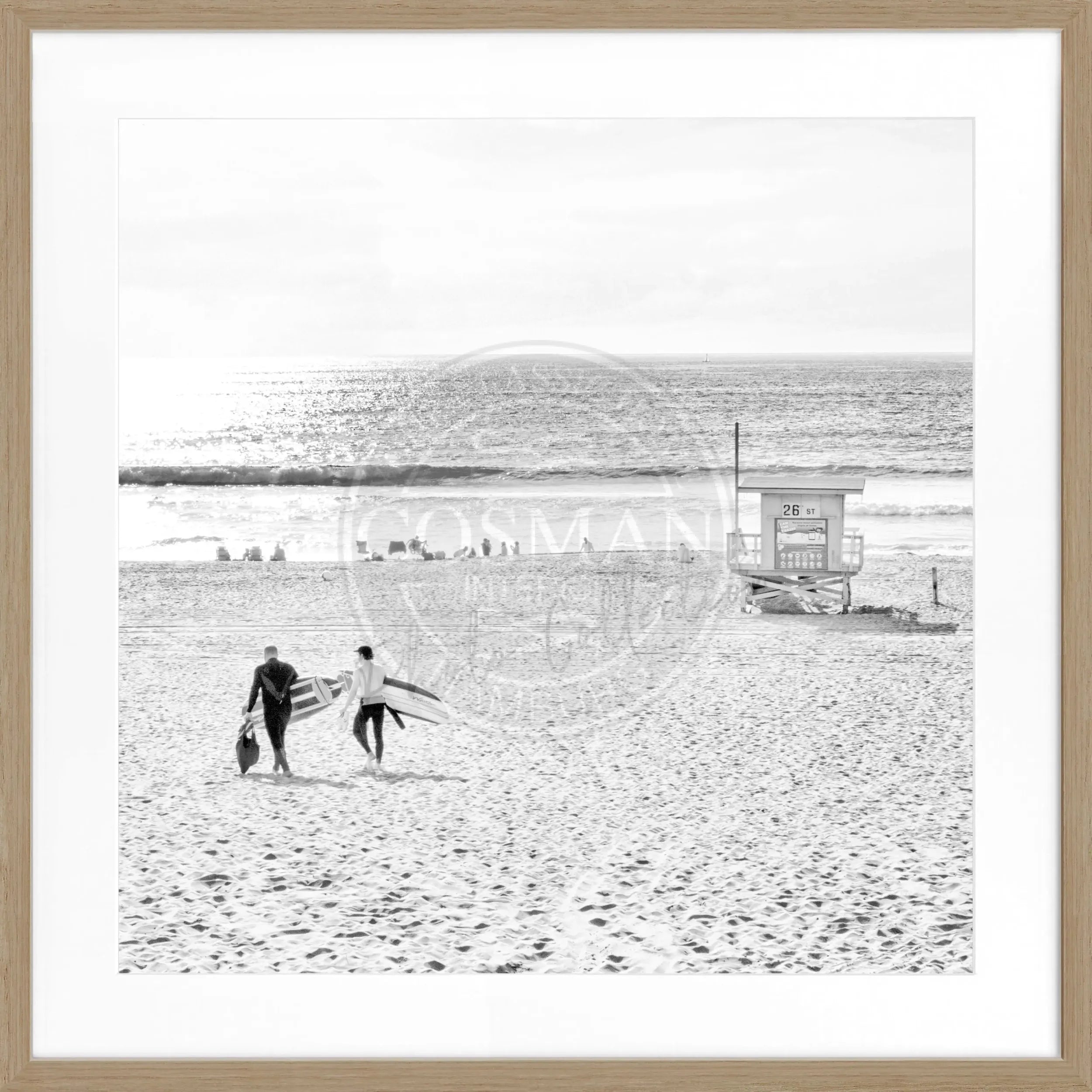 Schwarz-weiß Poster mit Rahmen, Kalifornien Manhattan Beach Motiv, quadratisch, 55x55cm, von Cosman-Photocollection