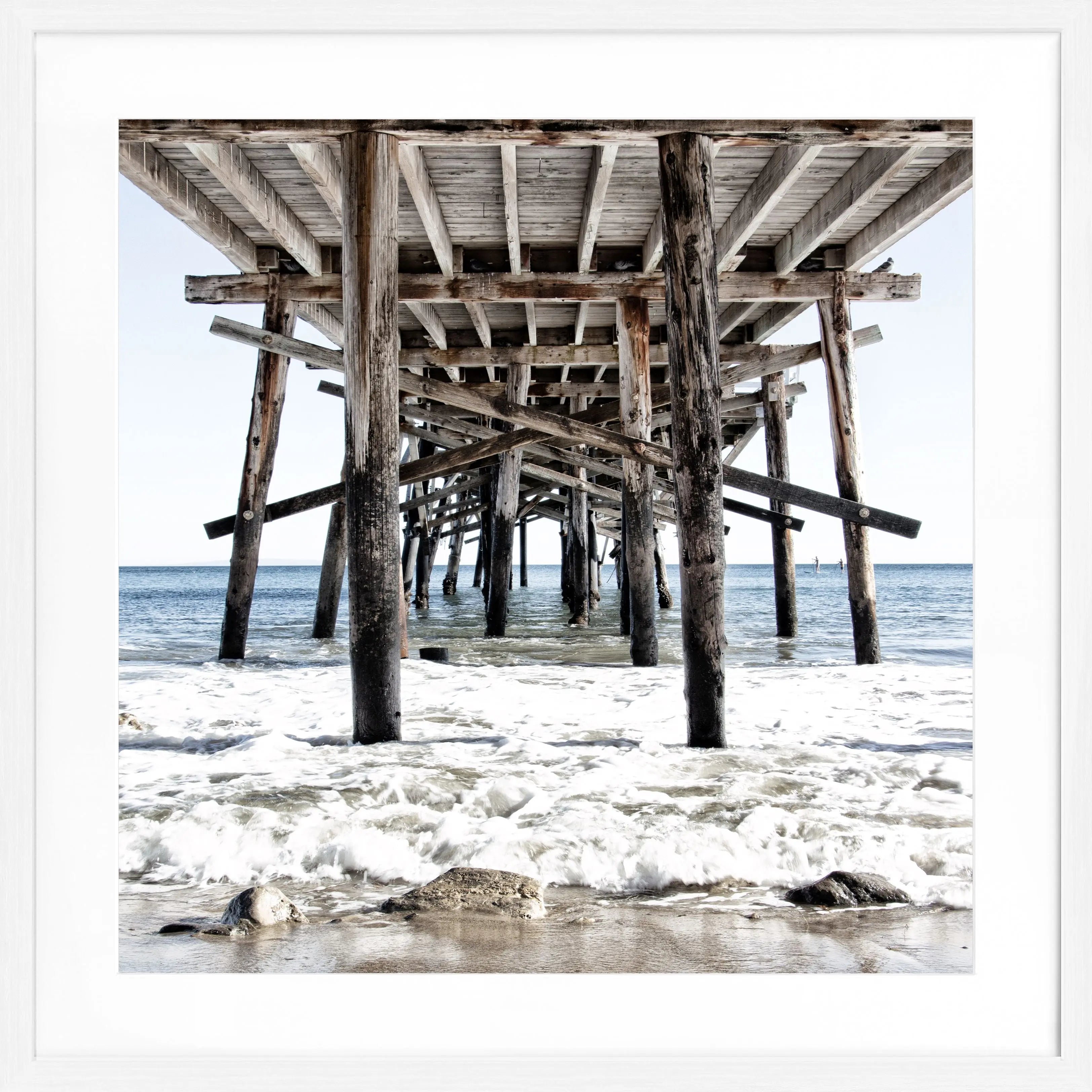 Schwarz-weiß Poster mit Rahmen von Kalifornien Pier, quadratisch 55x55cm, von Cosman-Photocollection, Wanddekoration mit Meeresmotiv