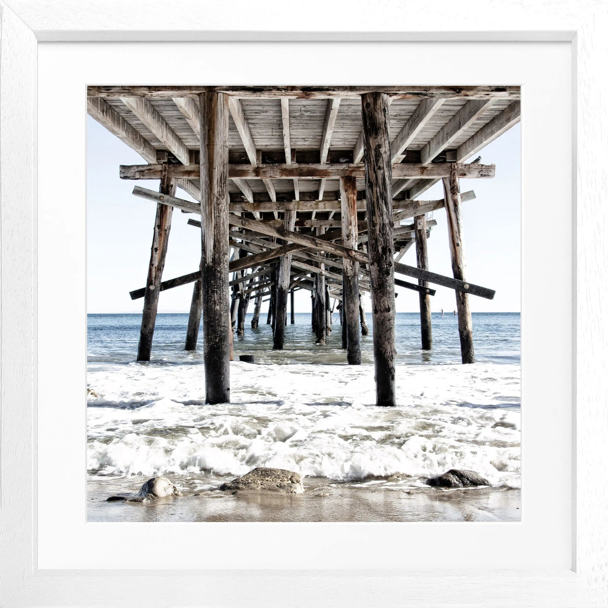 Schwarz-weiß Poster mit Rahmen von Cosman-Photocollection, Kalifornien Pier Motiv, quadratisch 55x55cm, Wanddekoration