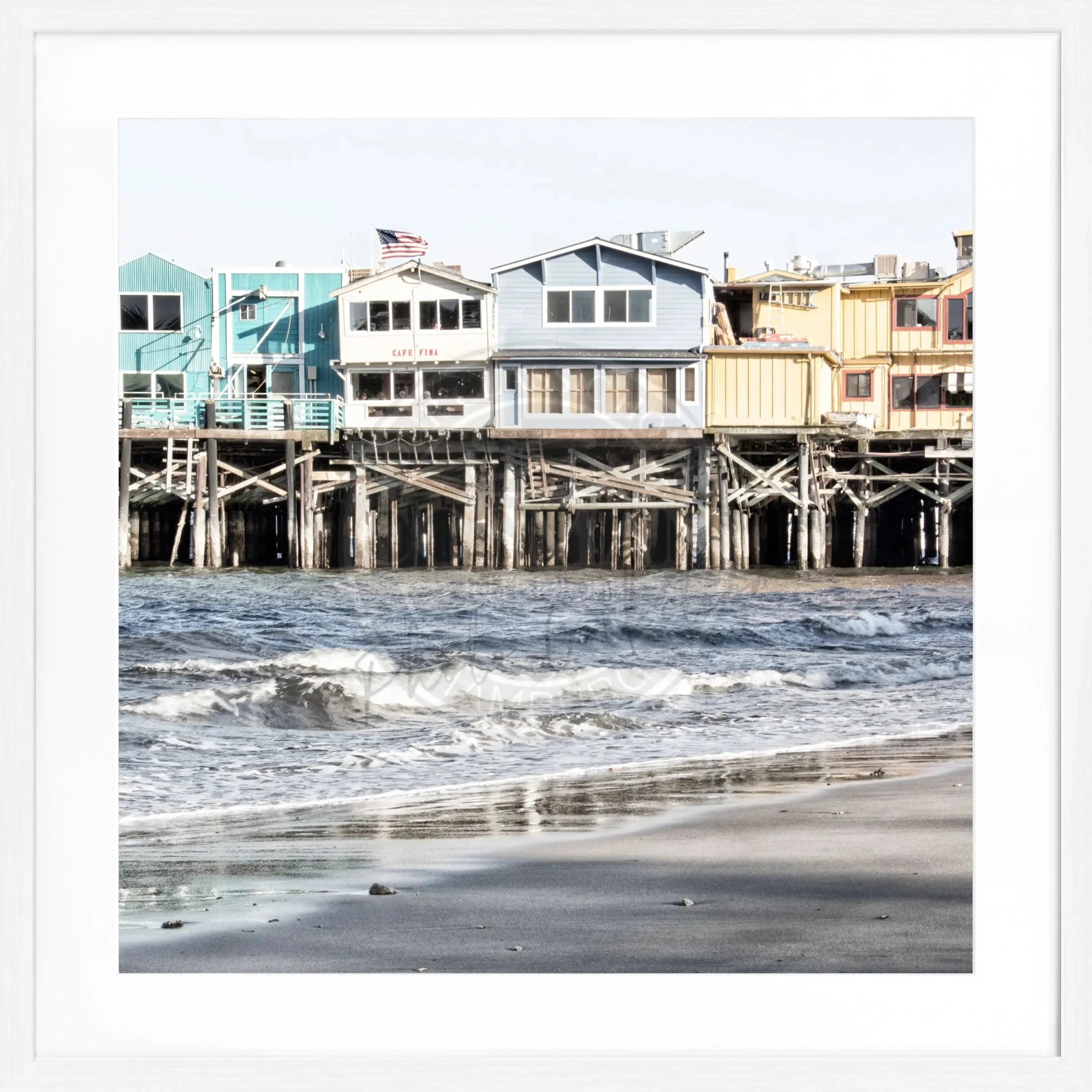 Schwarz-weiß Poster mit Rahmen von Cosman-Photocollection, Kalifornien Pier Monterey, quadratisch 55x55cm, stilvolles Wandbild