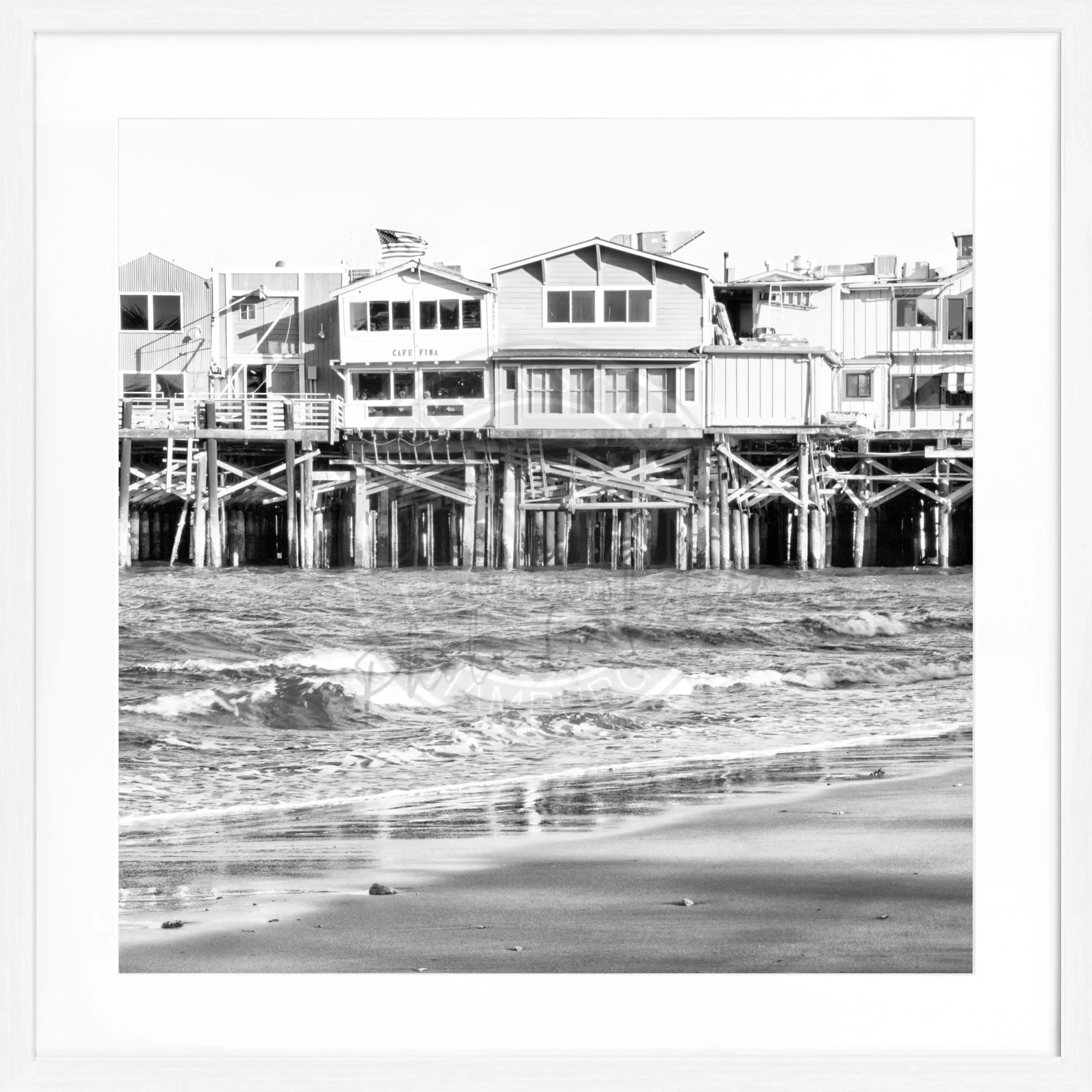Schwarz-weiß Poster mit Rahmen von Cosman-Photocollection, Kalifornien Pier Monterey, quadratisch, 55x55cm, modernes Wandbild