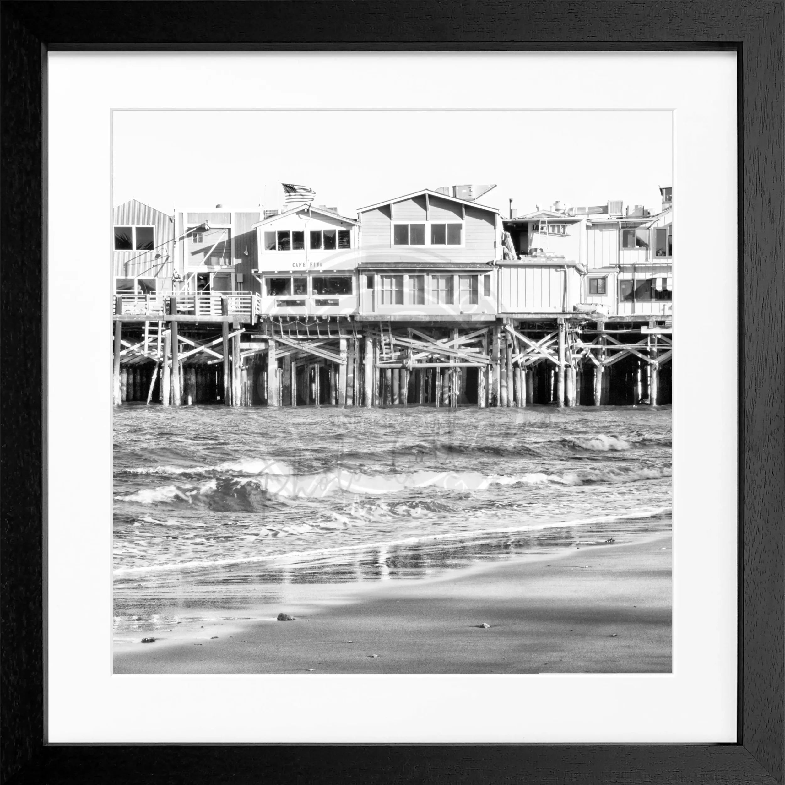 Schwarz-weiß Poster mit Rahmen, Kalifornien Pier Monterey, Cosman-Photocollection, quadratisches 55x55cm Kunstwerk
