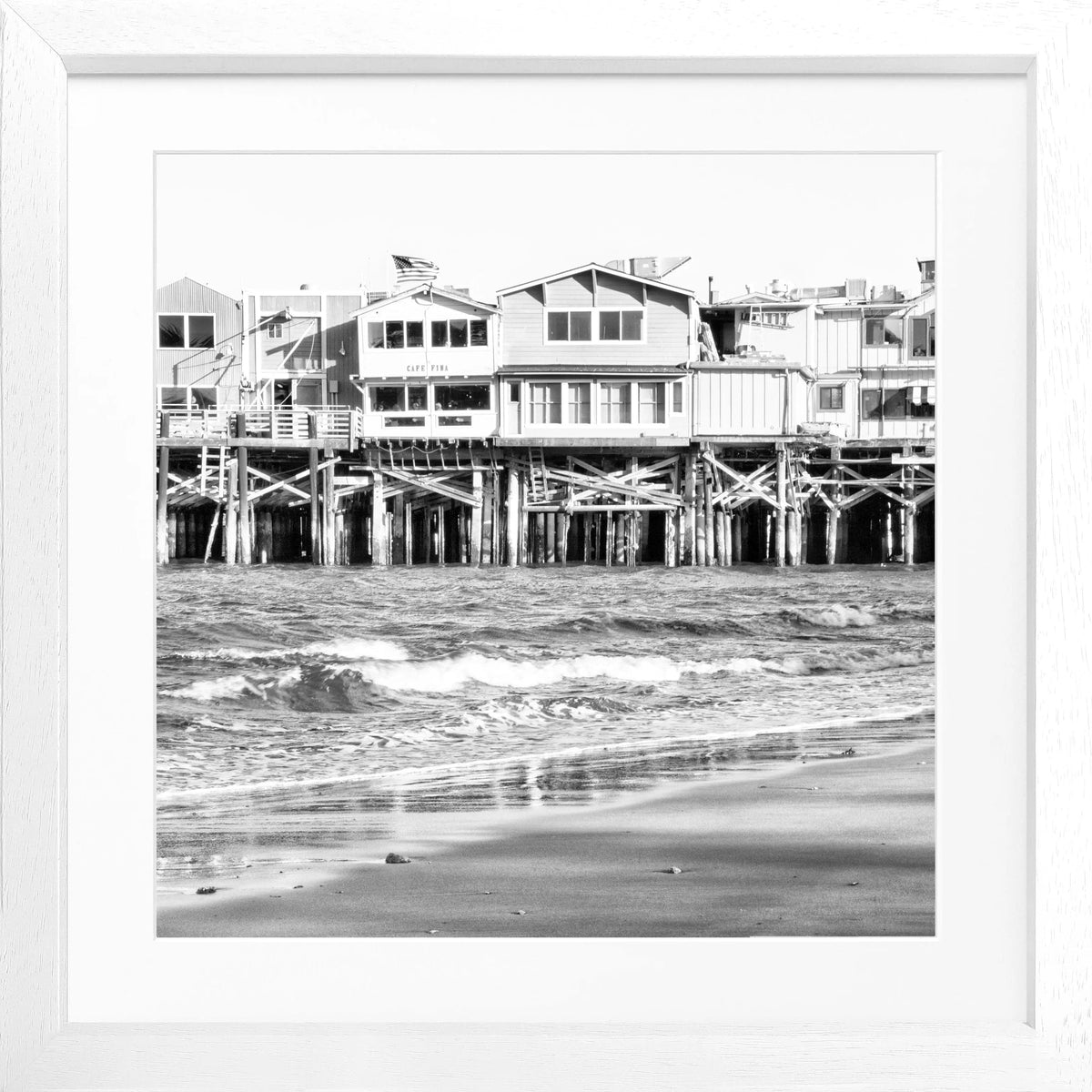 Schwarz-weiß Poster mit Rahmen, Kalifornien Pier Monterey Motiv, quadratisch, 55x55cm, von Cosman-Photocollection