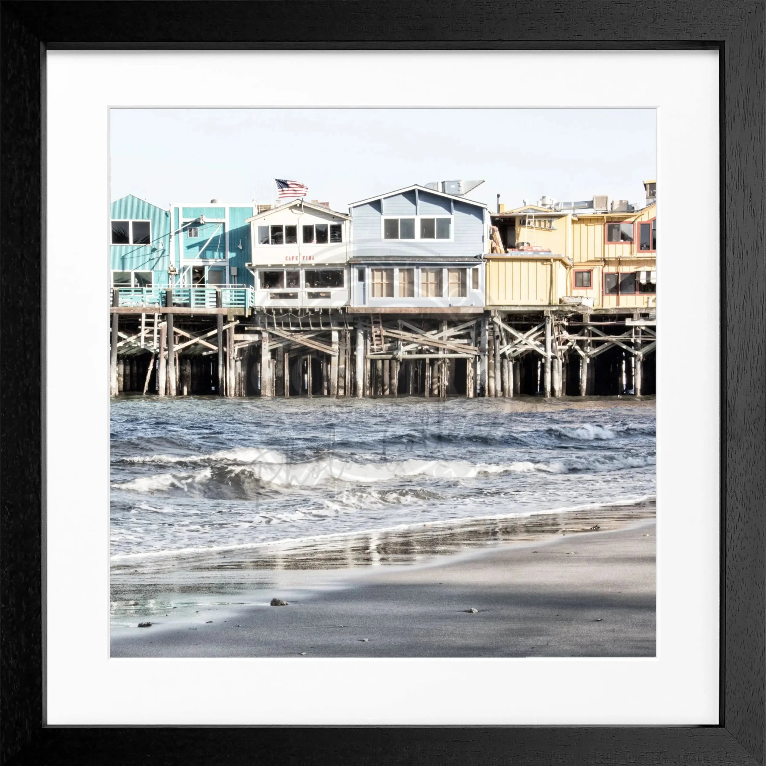 Schwarz-weiß Poster mit Rahmen, Kalifornien Pier Monterey, quadratisch 55x55cm, von Cosman-Photocollection, fotografisches Wandbild