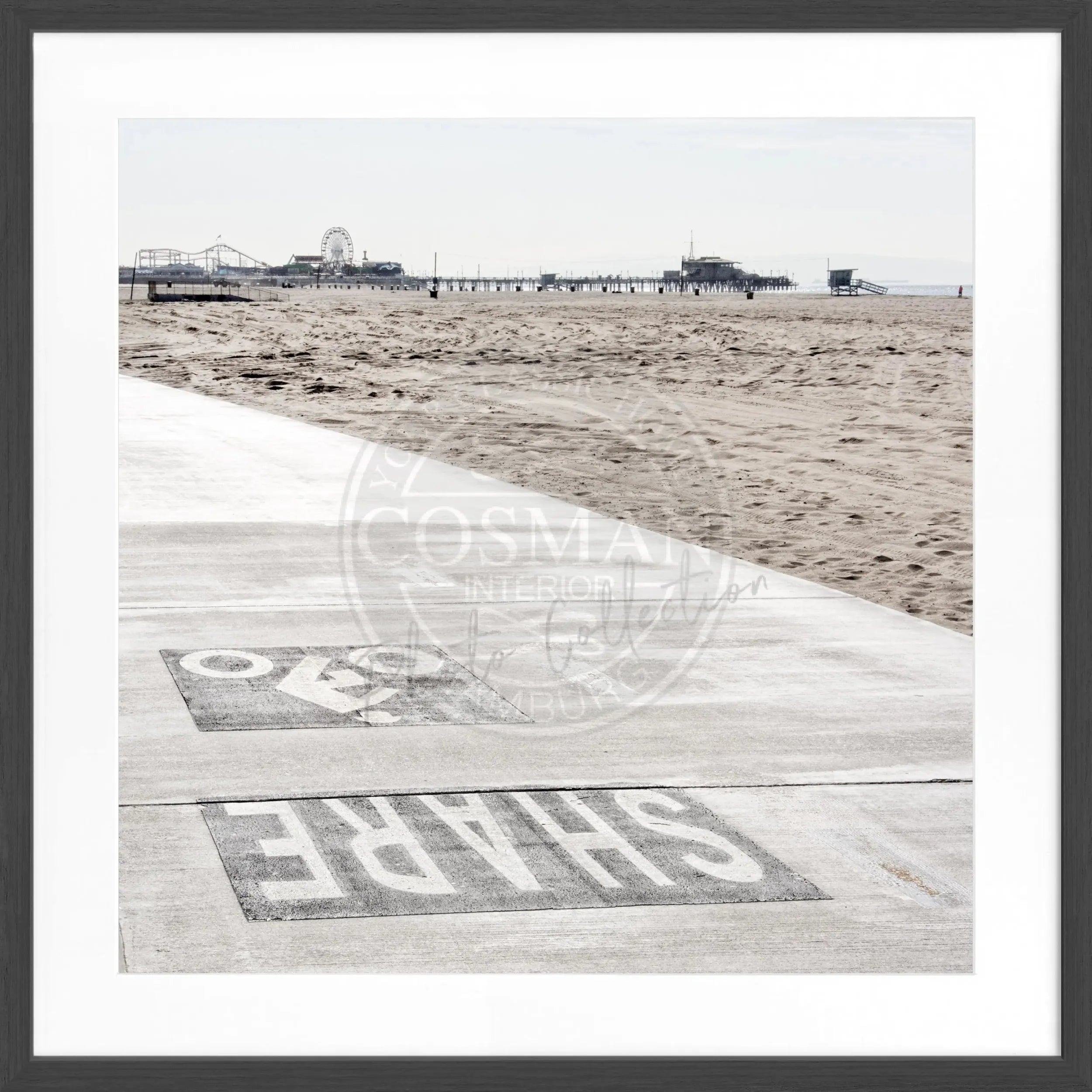 Schwarz-weiß Poster mit Rahmen, Kalifornien Santa Monica Beach Motiv, 55x55 cm, von Cosman-Photocollection