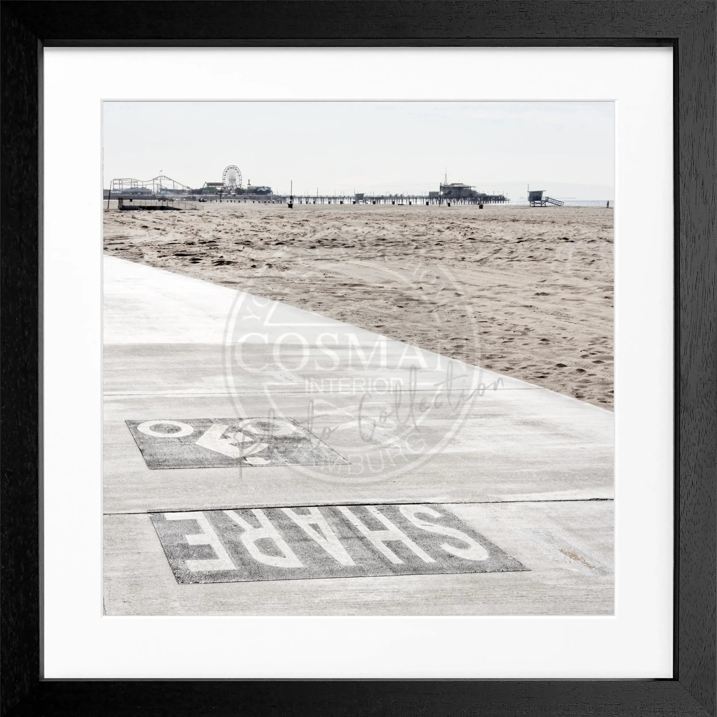 Schwarz-weiß Poster mit Rahmen, Kalifornien Santa Monica Beach Motiv, von Cosman-Photocollection, quadratisch 55x55cm