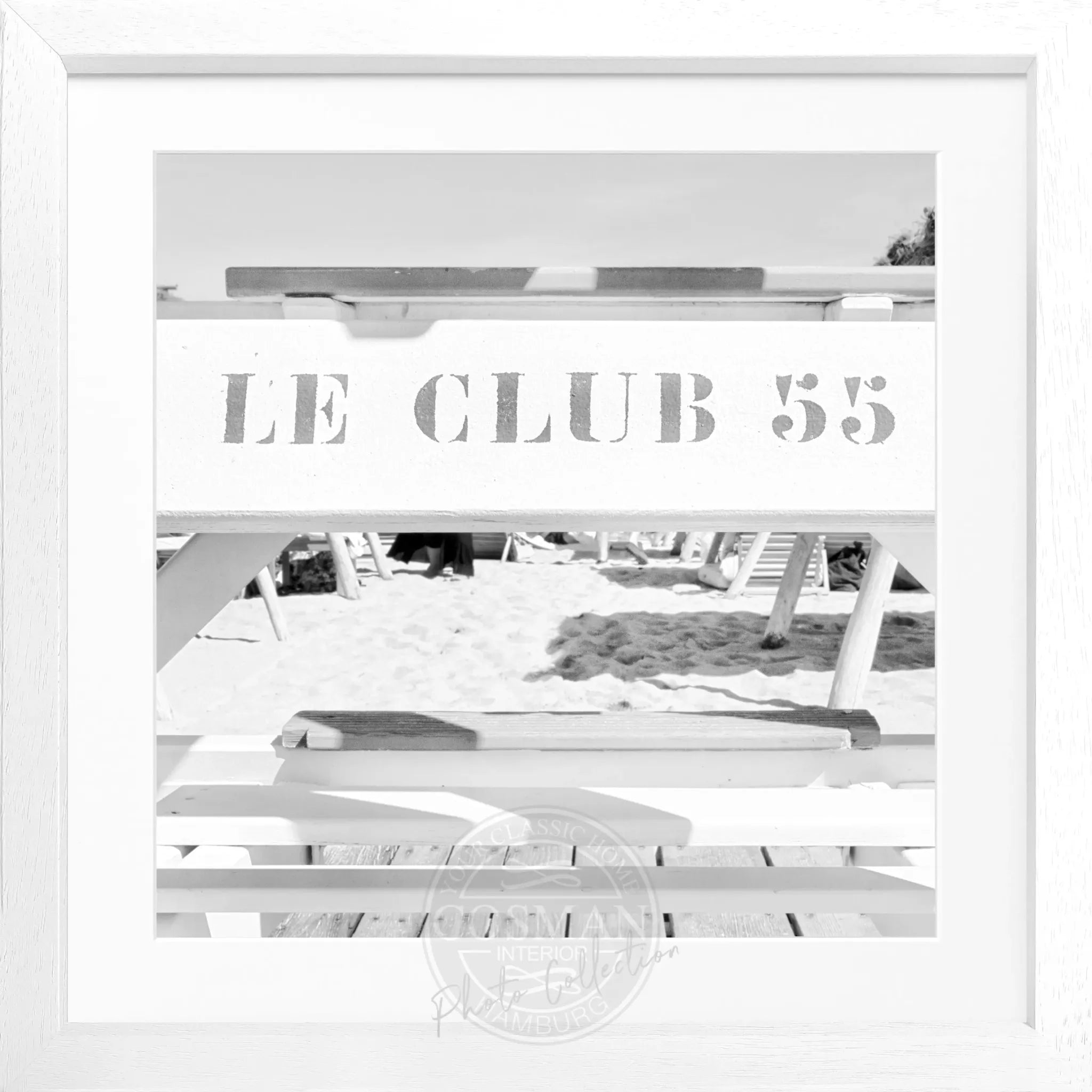 Schwarz-weiß Poster mit Rahmen von Cosman-Photocollection, "Le Club 55" Saint Tropez, quadratisch, 55x55 cm, Motiv.