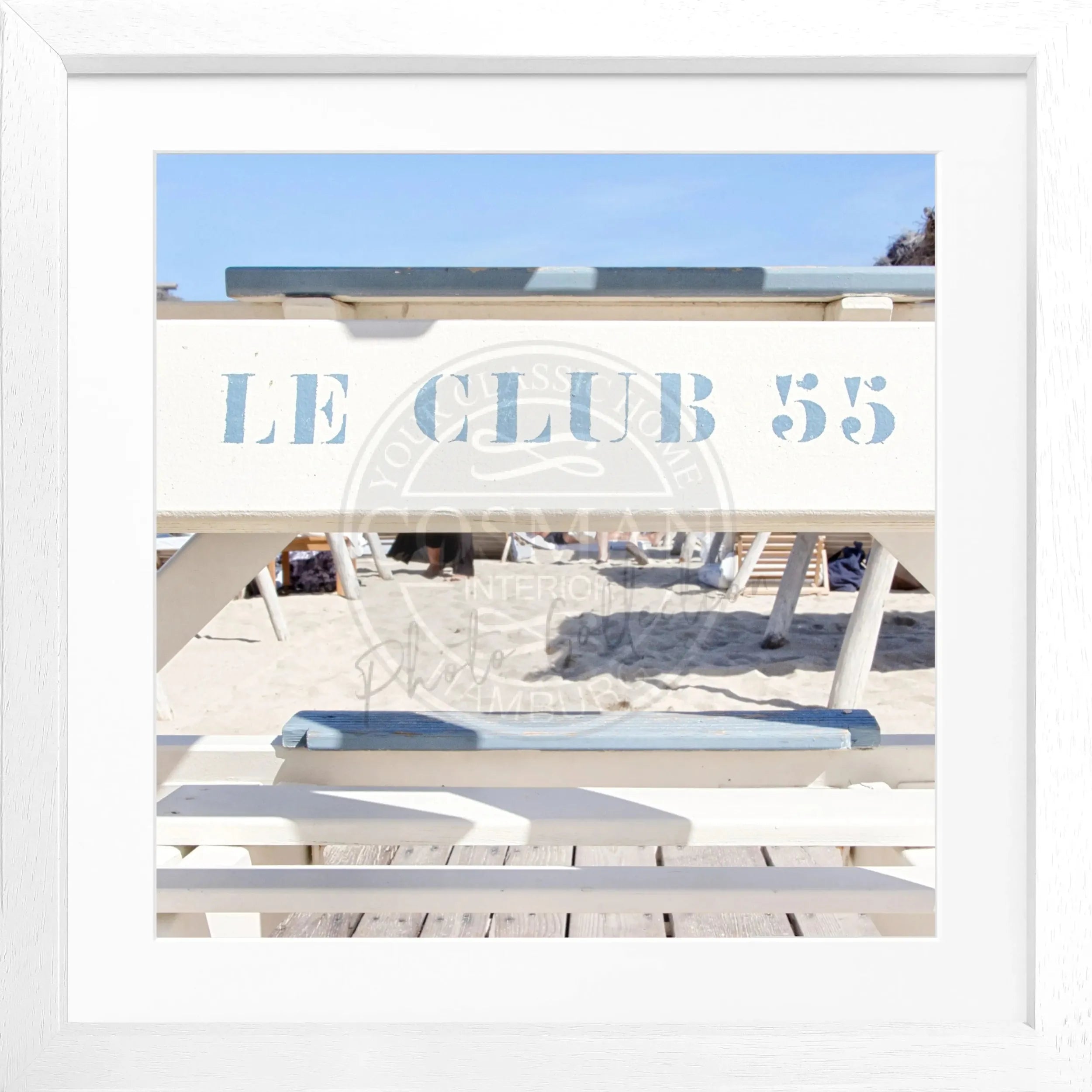 Schwarz-weiß Poster mit Rahmen 'Le Club 55' Saint Tropez, quadratisch, 55x55cm, von Cosman-Photocollection.