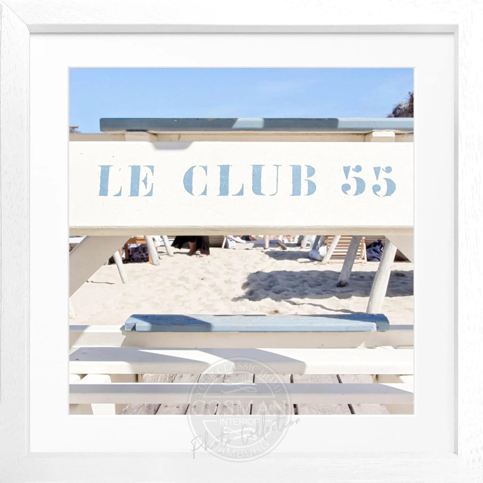 Schwarz-weiß Poster mit Rahmen 'Le Club 55' Saint Tropez, quadratisch, 55x55cm, von Cosman-Photocollection.