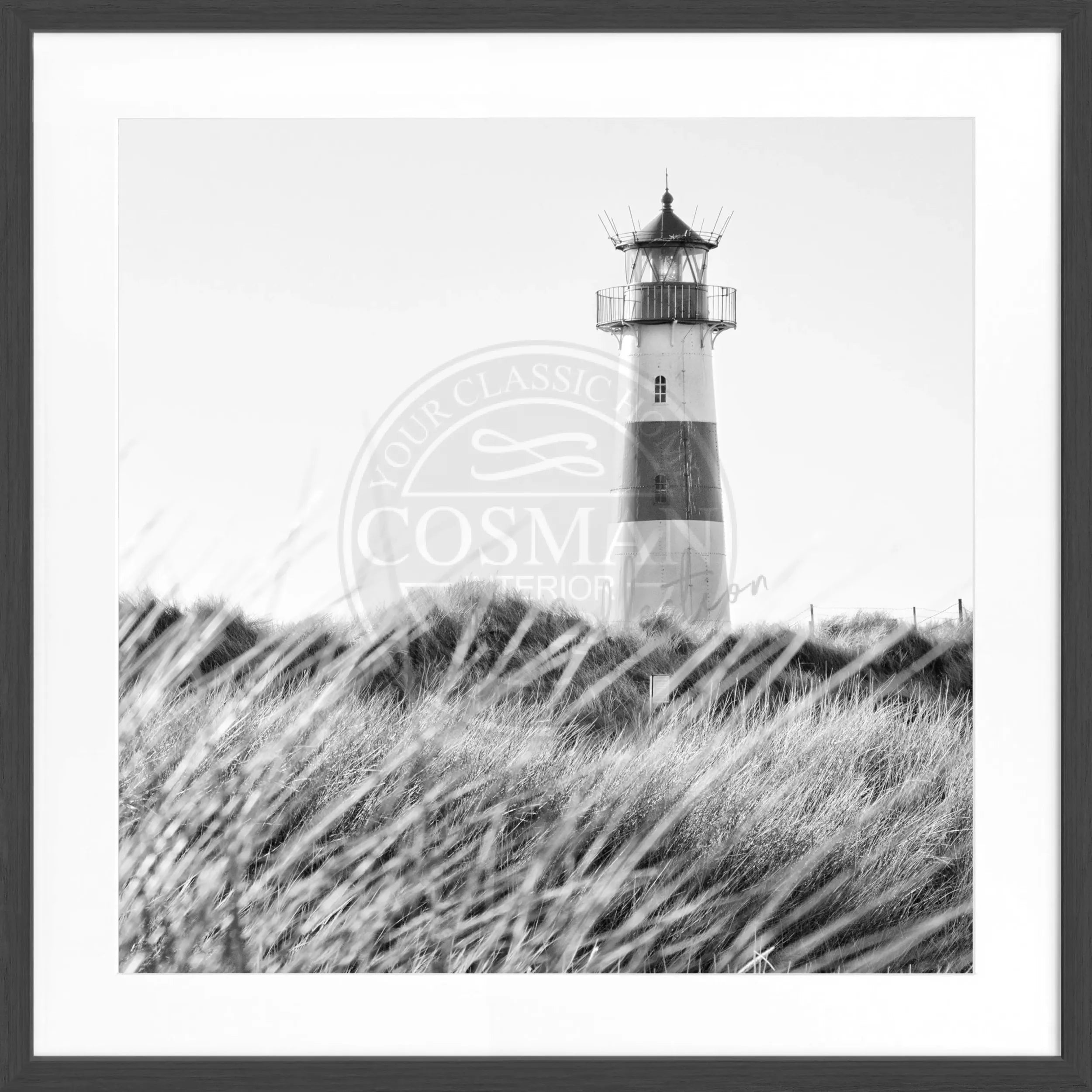 Schwarz-weiß Poster mit Rahmen von Cosman-Photocollection, Leuchtturm List Sylt, quadratisch 55x55cm, Fotokunst für Wanddekoration
