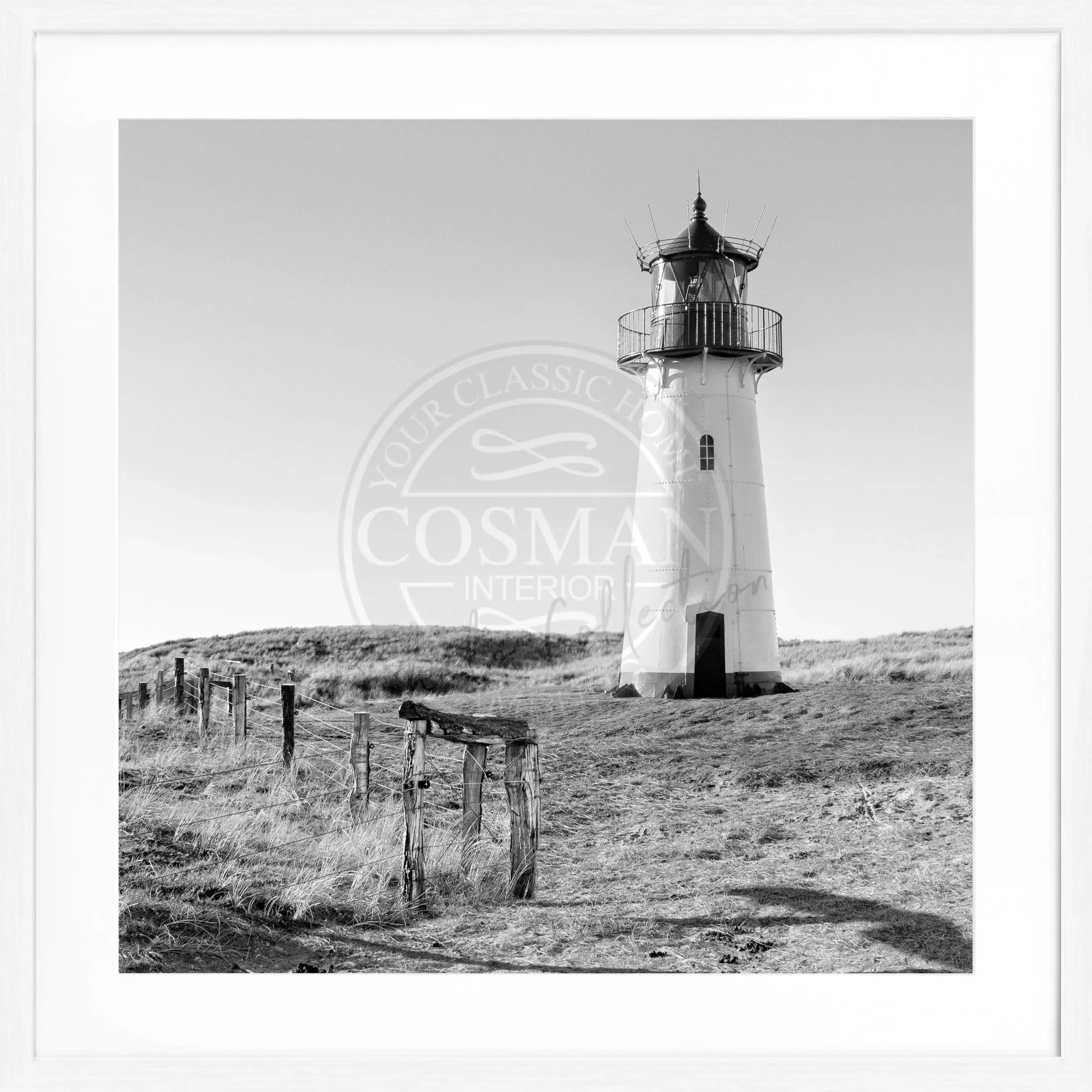 Schwarz-weiß Poster mit Rahmen, Leuchtturm List West auf Sylt, 55x55cm, von Cosman-Photocollection.