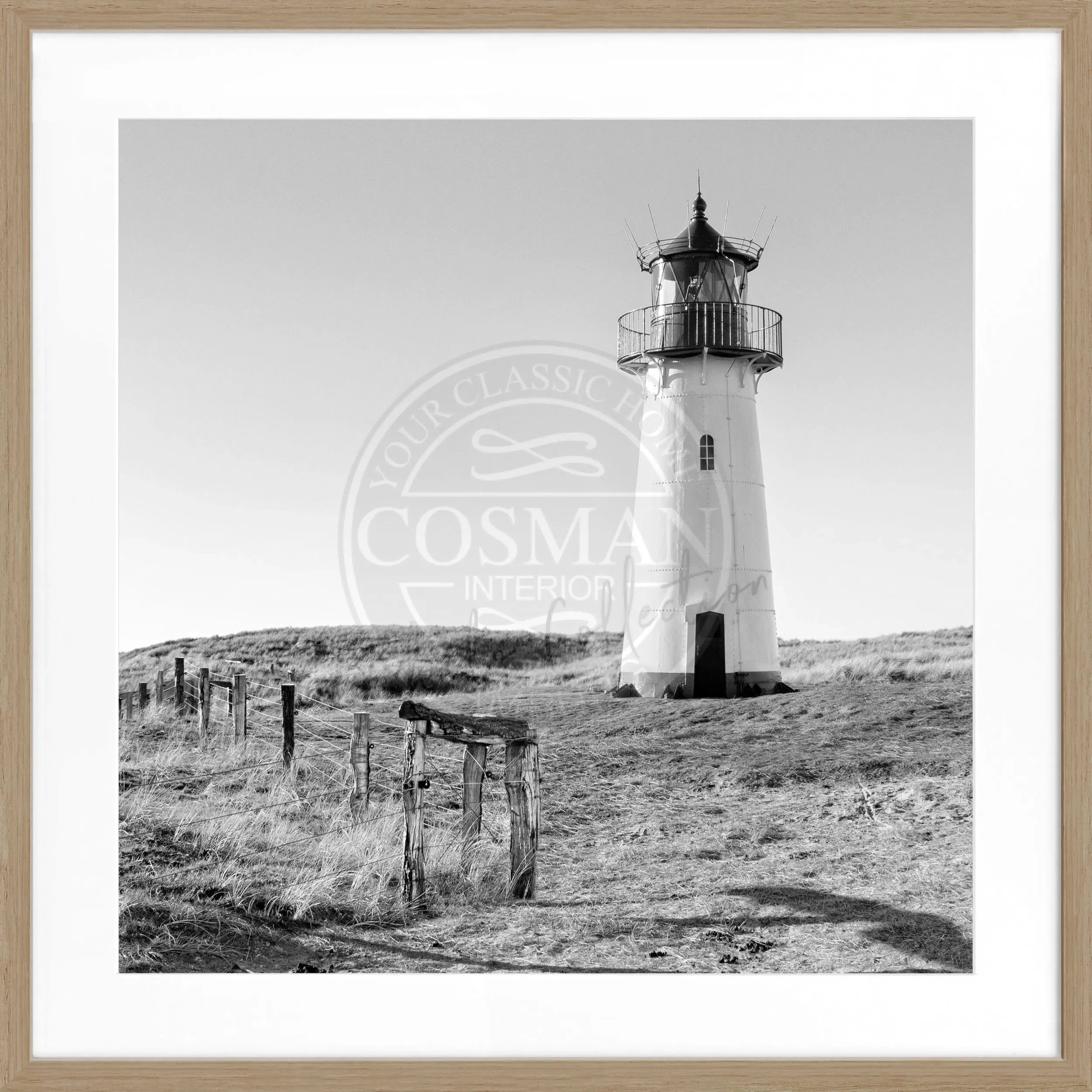 Schwarz-weiß Poster mit Rahmen von Cosman-Photocollection, Leuchtturm List West auf Sylt, quadratisch, 55x55cm, Fotokunst