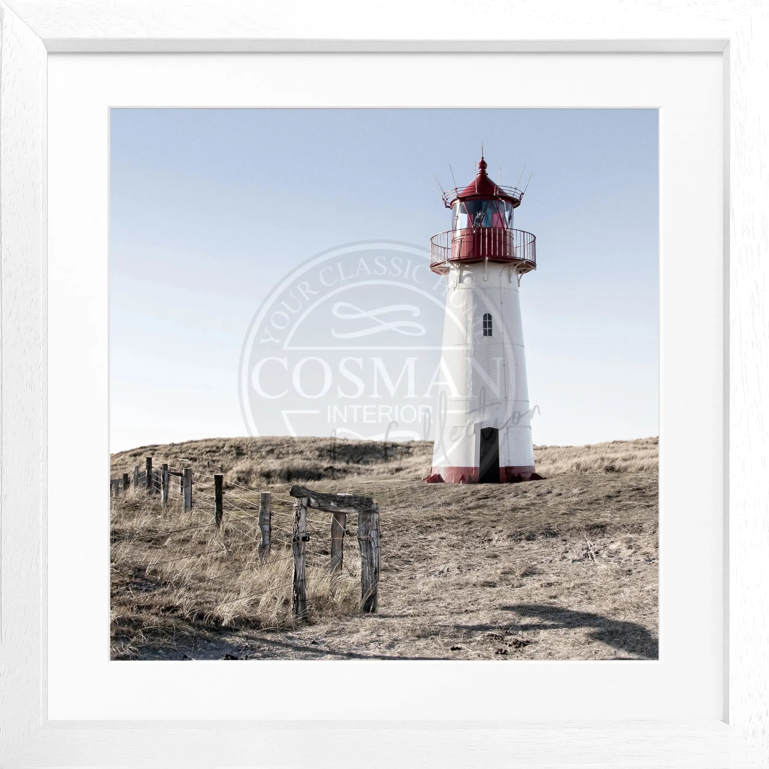 Schwarz-weiß Poster mit Rahmen von Cosman-Photocollection, Leuchtturm List West auf Sylt, quadratisches Bild 55x55 cm.
