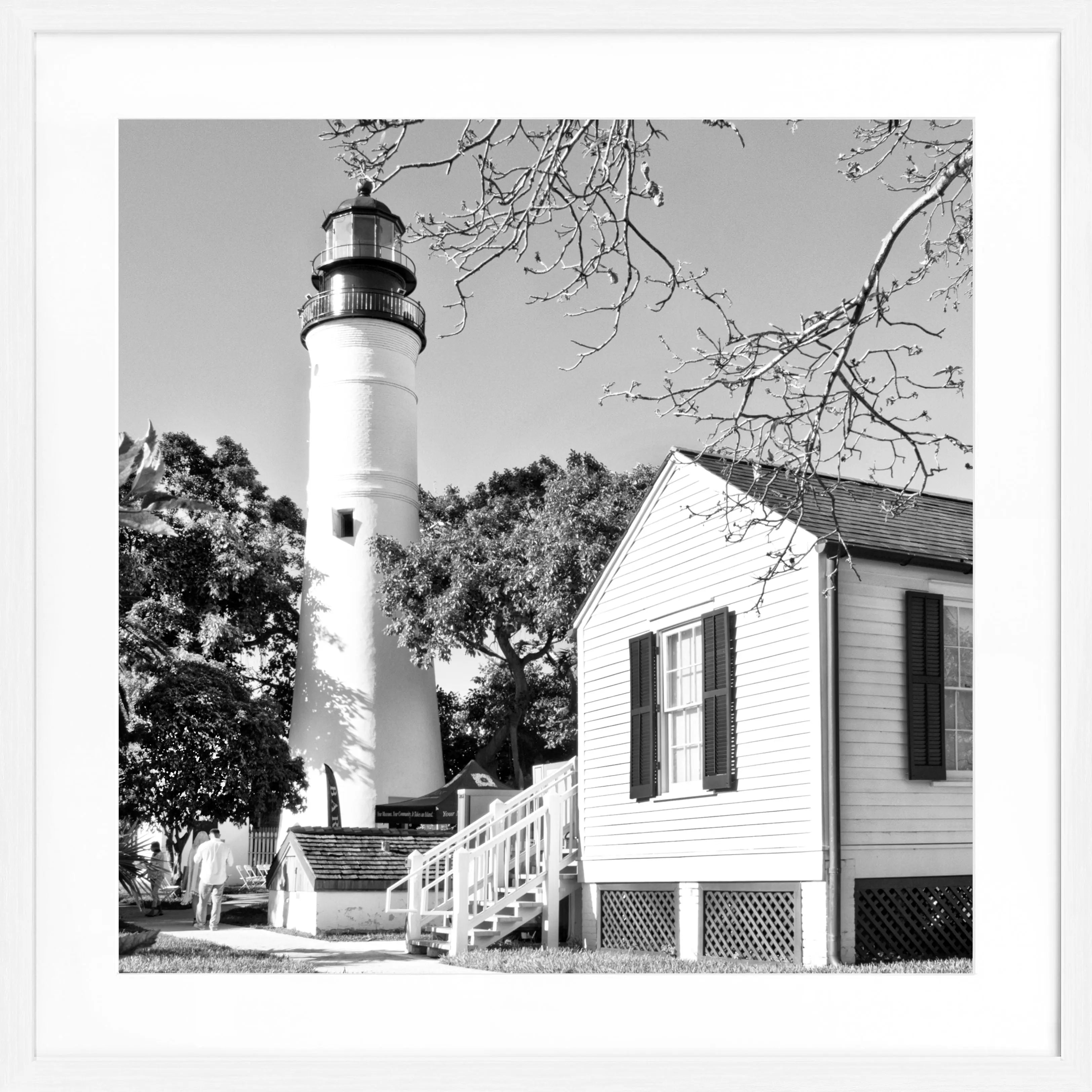 Schwarz-weiß Poster mit Rahmen ’Lighthouse’ Florida Key West, 55x55cm, von Cosman-Photocollection, Meeresleuchtturm im Quadrat-Format