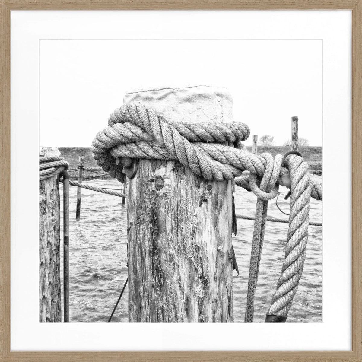 Schwarz-weißes Poster mit Rahmen von Cosman-Photocollection, zeigt das Motiv ‘Poller’ Rantum Sylt, quadratisch 55x55cm.