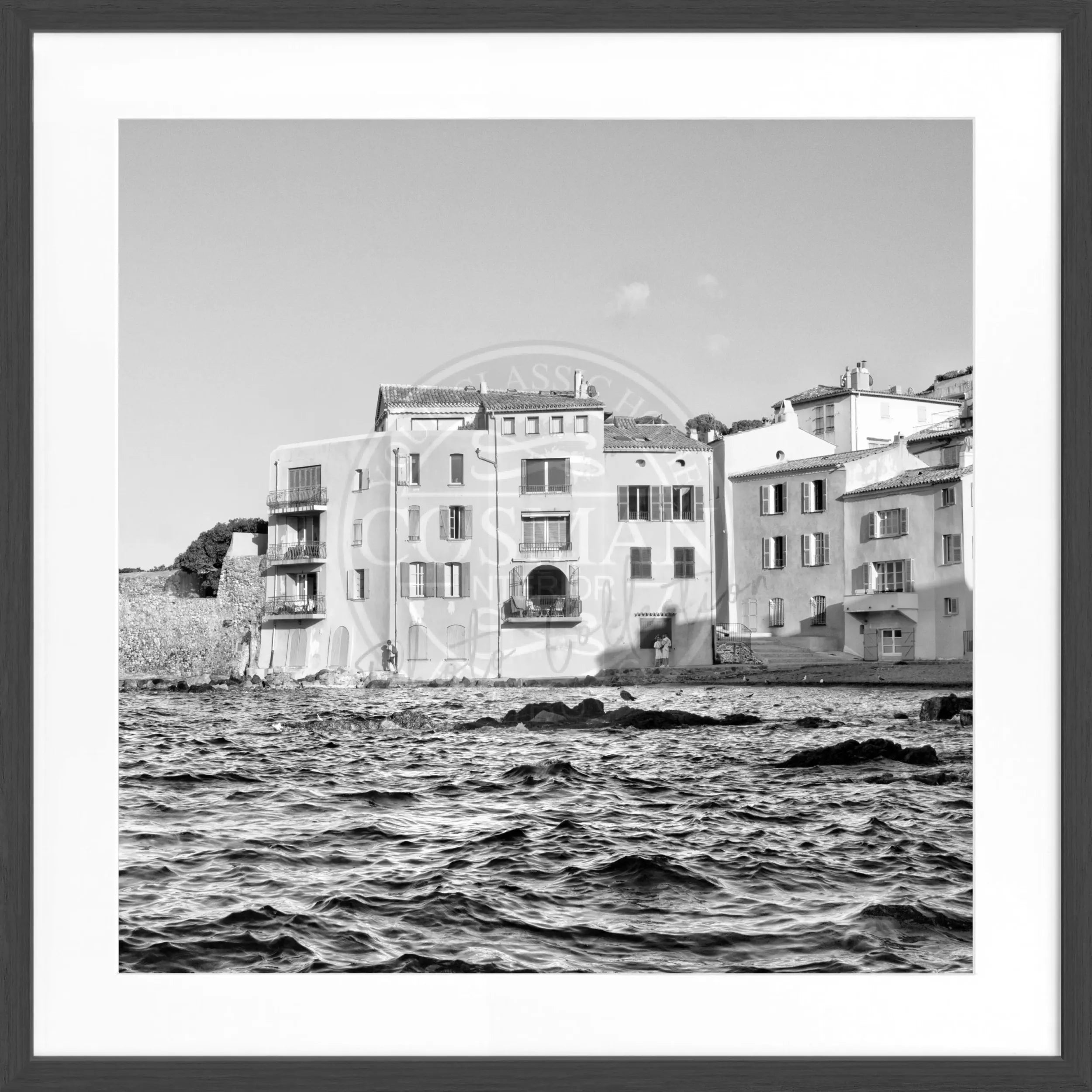 Schwarz-weiß Poster mit Rahmen von Cosman-Photocollection, Motiv Saint Tropez, quadratisch 55x55cm, stilvolle Wanddekoration