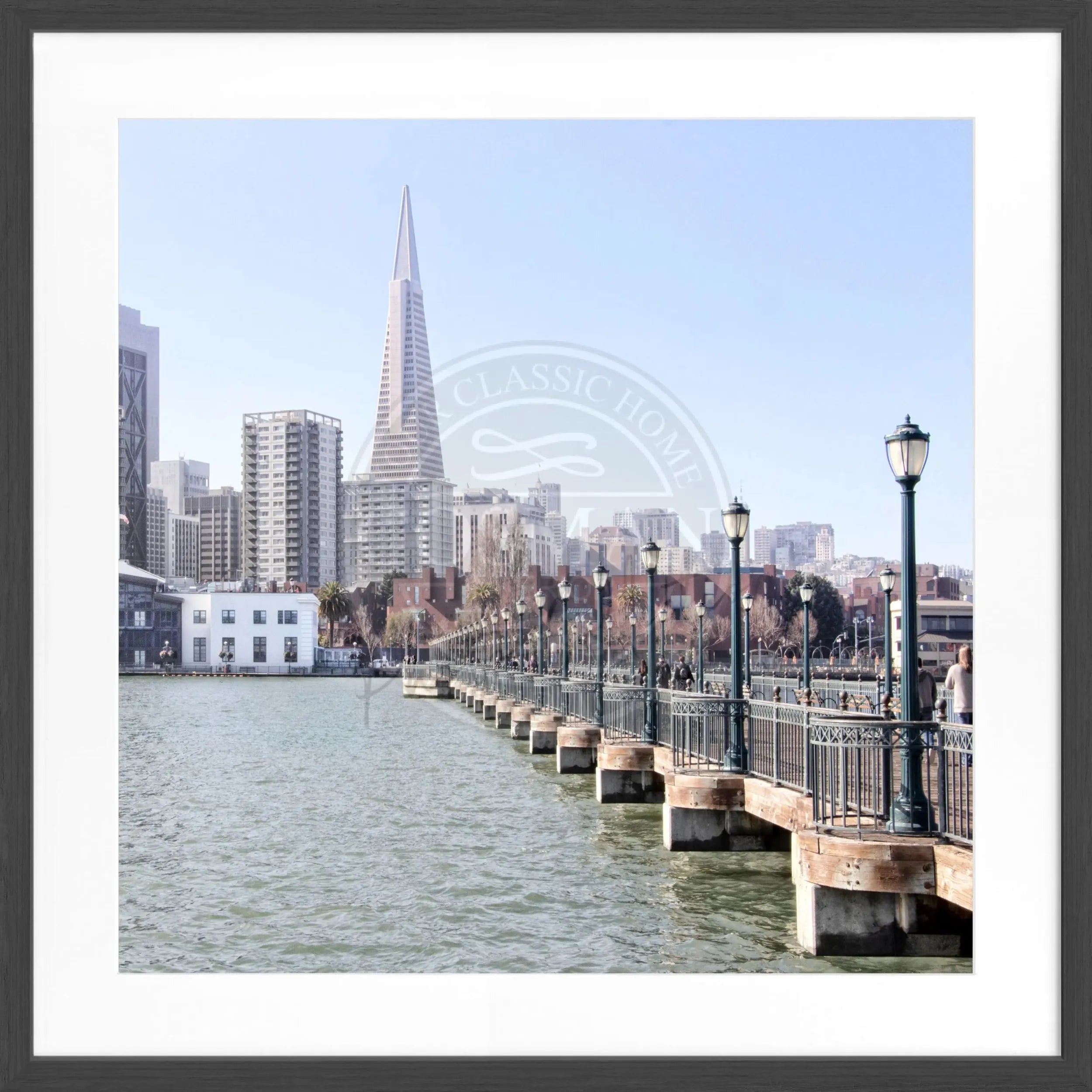 Schwarz-weiß Poster mit Rahmen von Cosman-Photocollection, Skyline von San Francisco, quadratisch 55x55cm, Stadtmotiv.