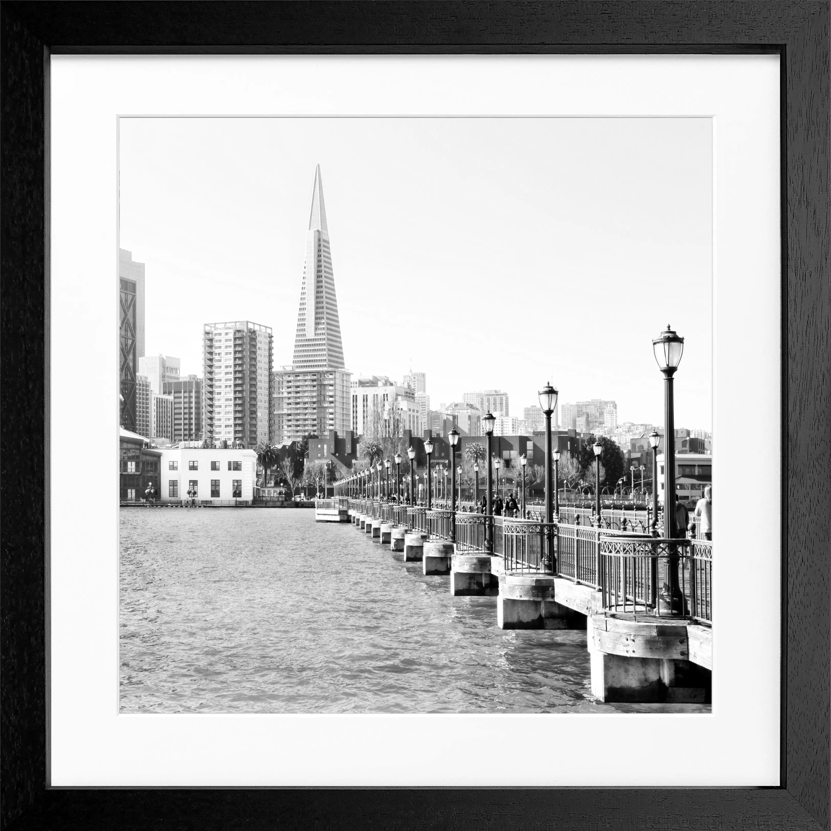 Schwarz-weiß Poster mit Rahmen von Cosman-Photocollection, Skyline von San Francisco, quadratisch, 55x55cm, urbanes Stadtbild