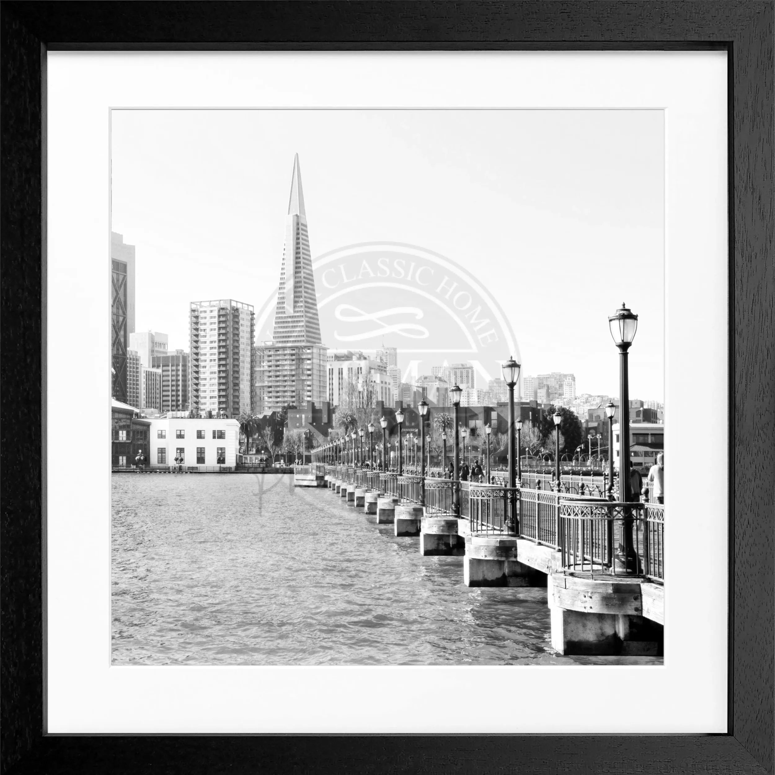 Schwarz-weiß Poster mit Rahmen von Cosman-Photocollection, Skyline von San Francisco, quadratisch, 55x55cm, urbanes Stadtbild