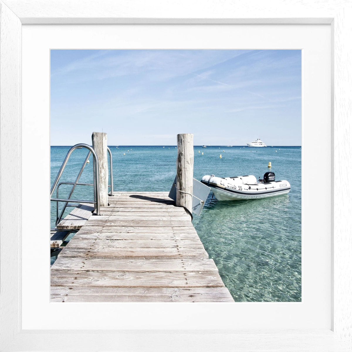 Schwarz-weiß Poster mit Rahmen, 'Steg Le Club 55' Saint Tropez, quadratisch, 55x55 cm, von Cosman-Photocollection.