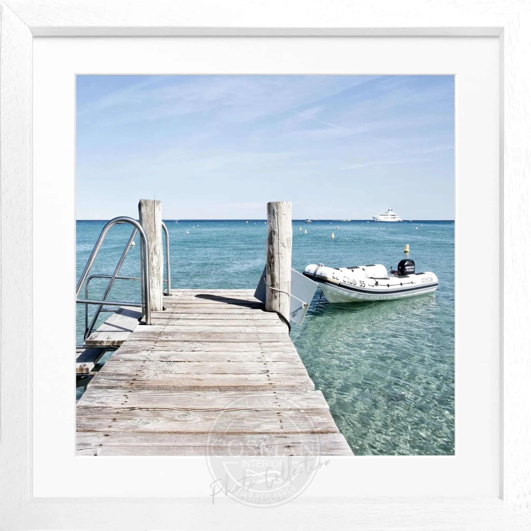 Schwarz-weiß Poster mit Rahmen, 'Steg Le Club 55' Saint Tropez, quadratisch, 55x55 cm, von Cosman-Photocollection.
