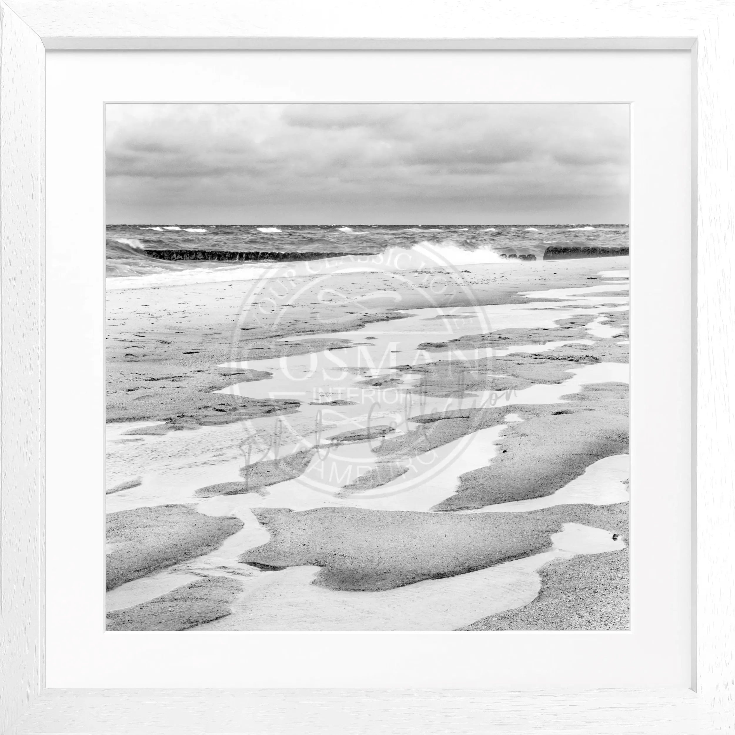 Schwarz-weiß Poster mit Rahmen 'Strand' Sylt von Cosman-Photocollection, quadratisches Bild, 55x55cm, Meeresküsten-Motiv