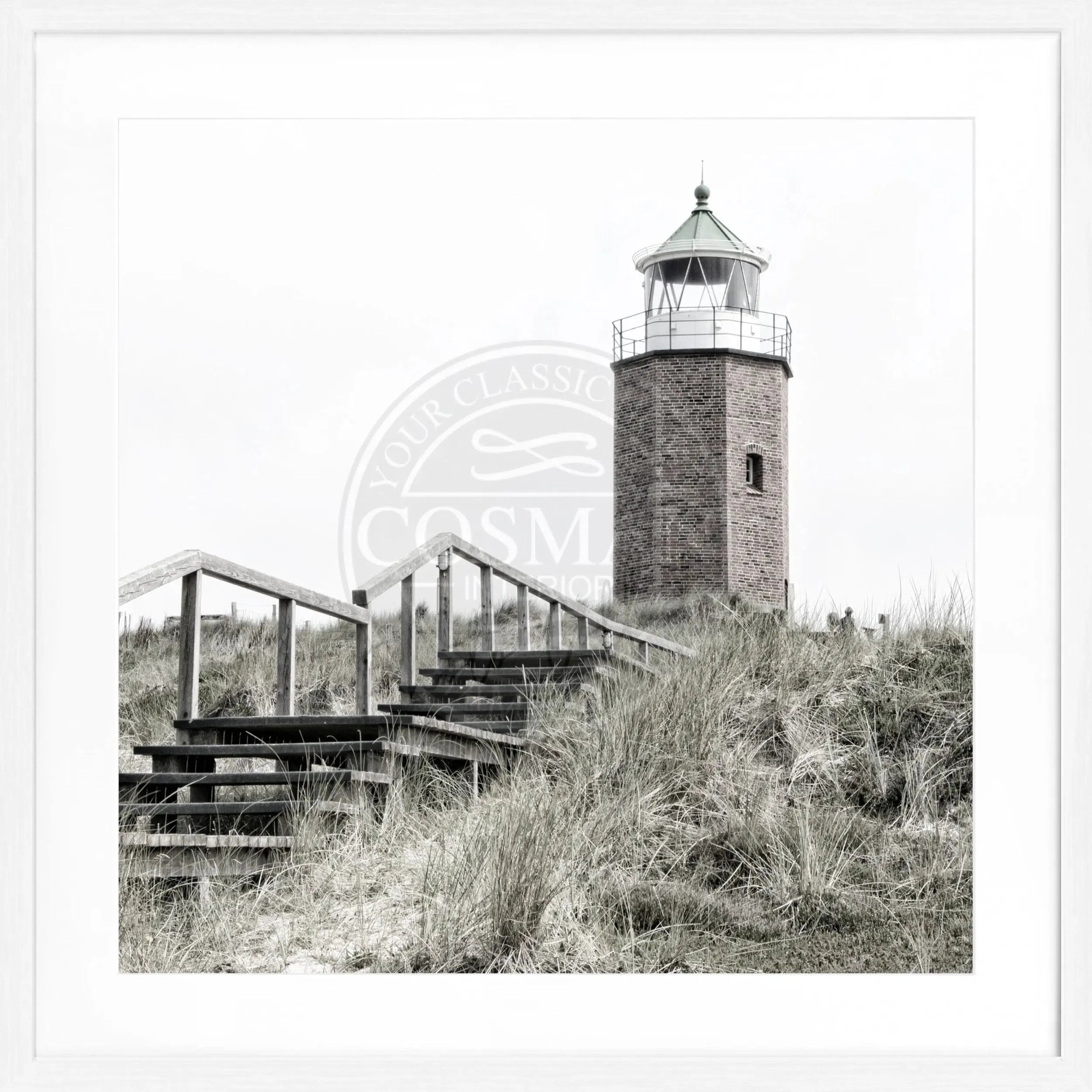 Schwarz-weiß Poster mit Rahmen von Cosman-Photocollection, Leuchtturm Kampen Sylt, quadratisch 55x55cm, Wanddekoration