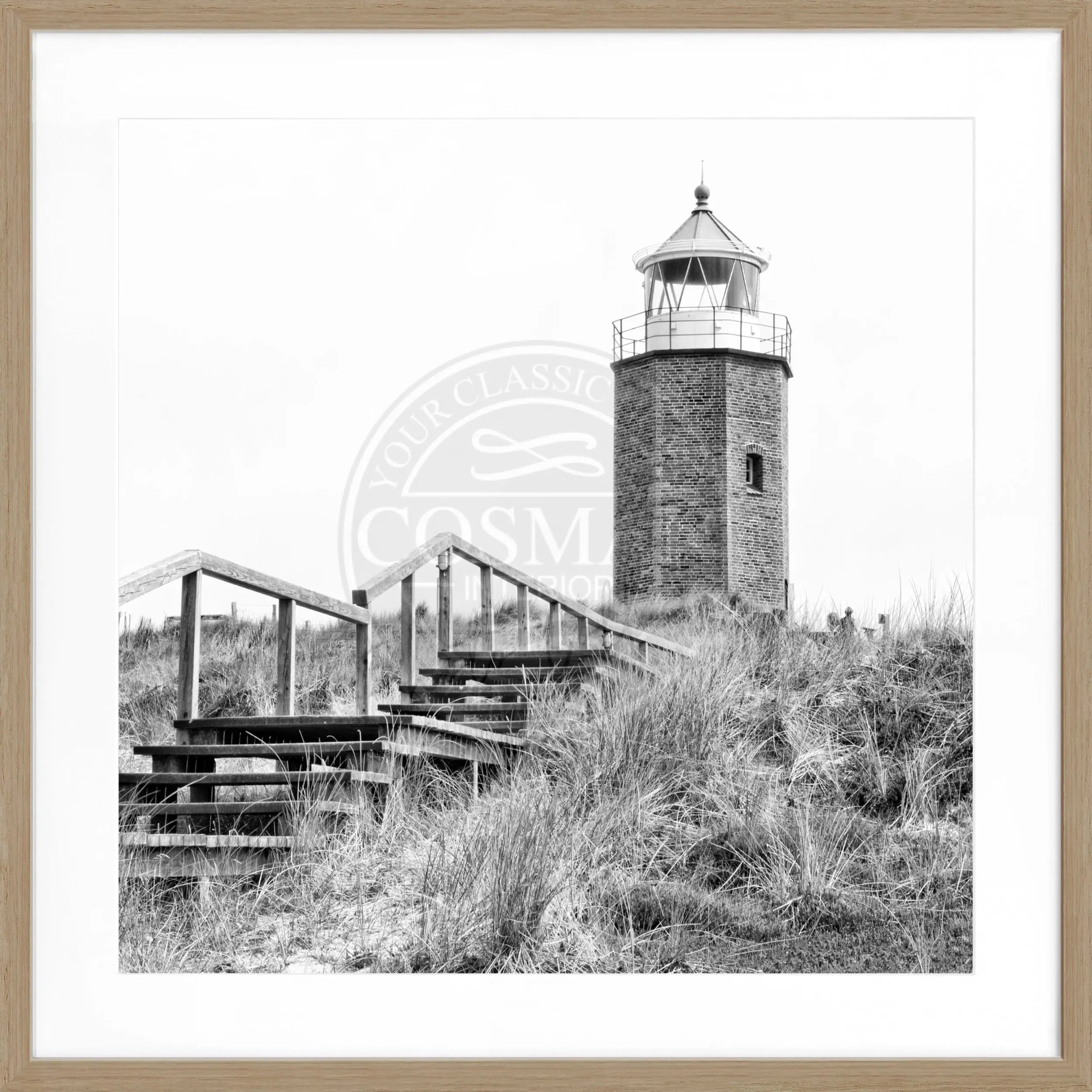 Schwarz-weiß Poster mit Rahmen von Cosman-Photocollection, Leuchtturm Kampen Sylt, quadratisch 55x55cm, Wanddekoration