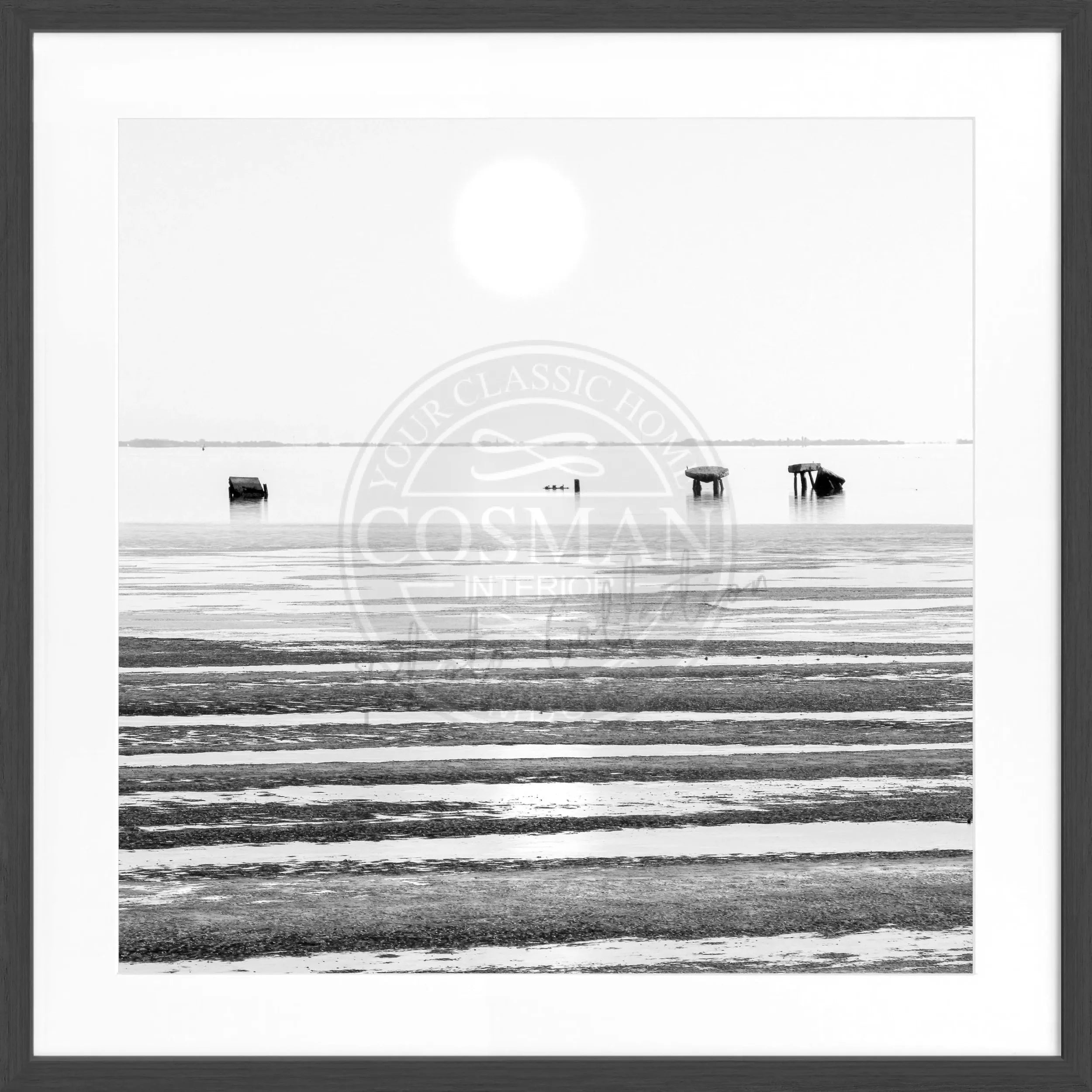Schwarz-weiß Poster mit Rahmen von Cosman-Photocollection, Wattenmeer-Szene auf Sylt, quadratisch, 55x55 cm