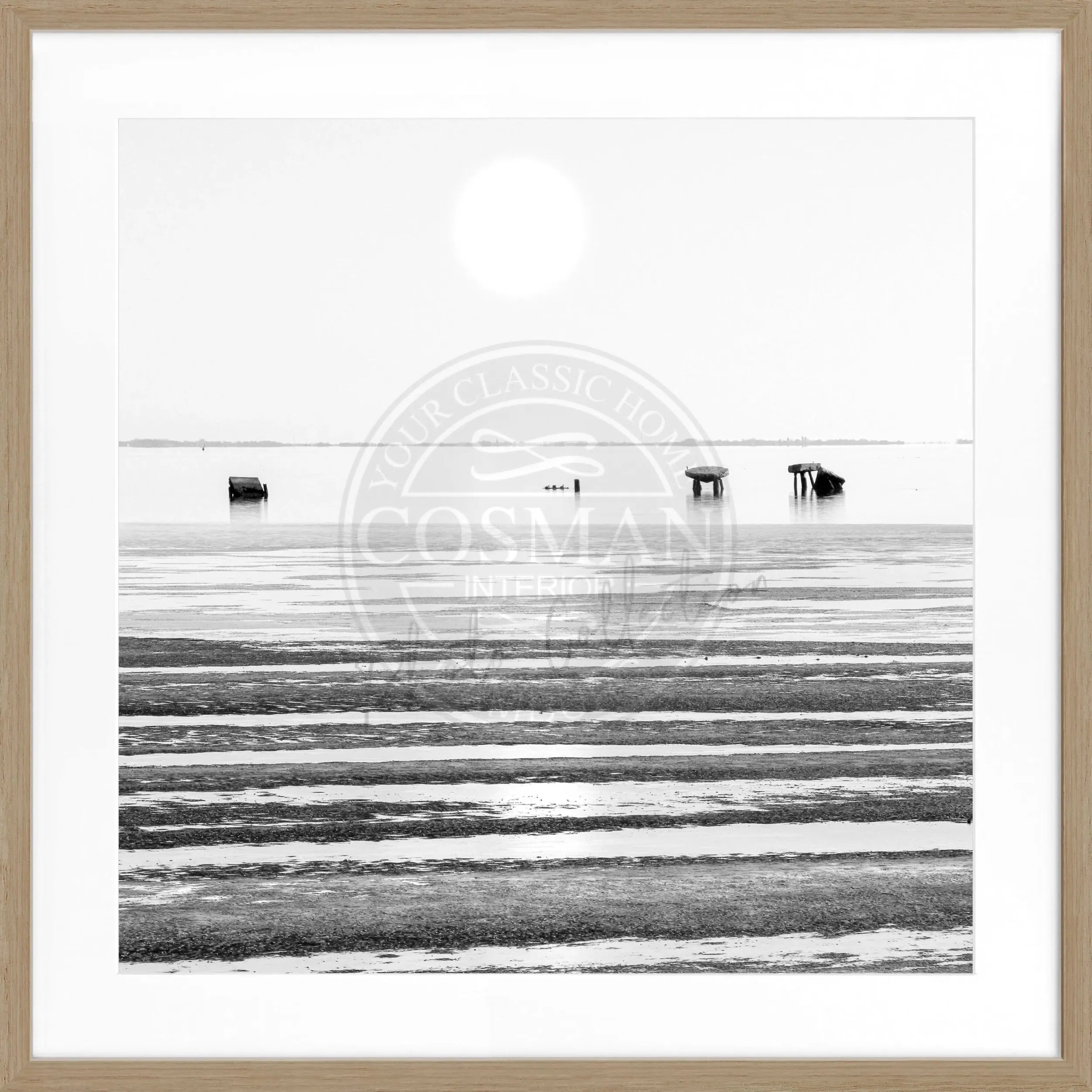Schwarz-weiß Poster mit Rahmen von Cosman-Photocollection, Wattenmeer-Szene auf Sylt, quadratisch 55x55cm, kunstvolles Meeresmotiv