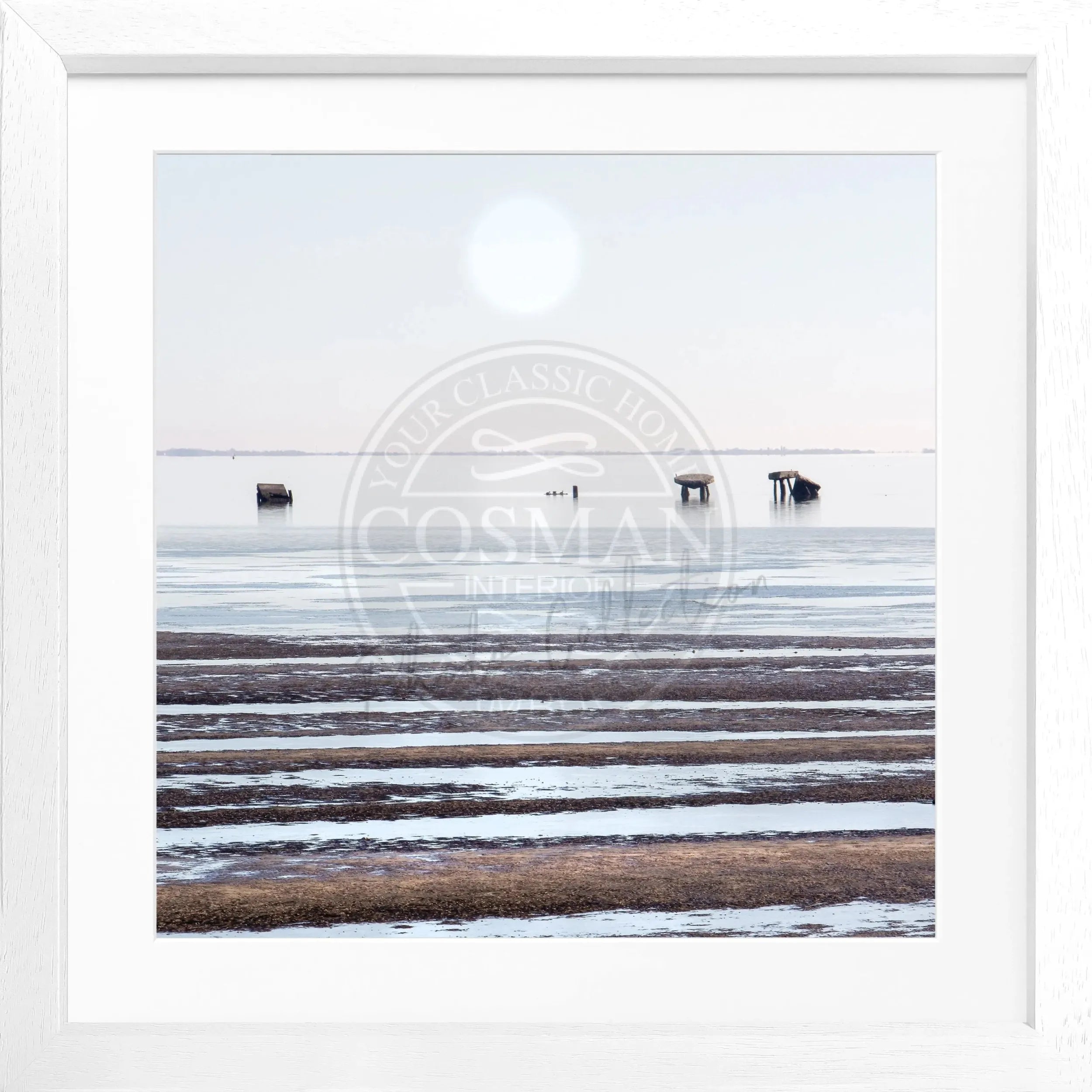 Schwarz-weiß Poster mit Rahmen ’Wattenmeer’ Sylt, 55x55cm, von Cosman-Photocollection, quadratisches Kunstwerk mit Meeresmotiv