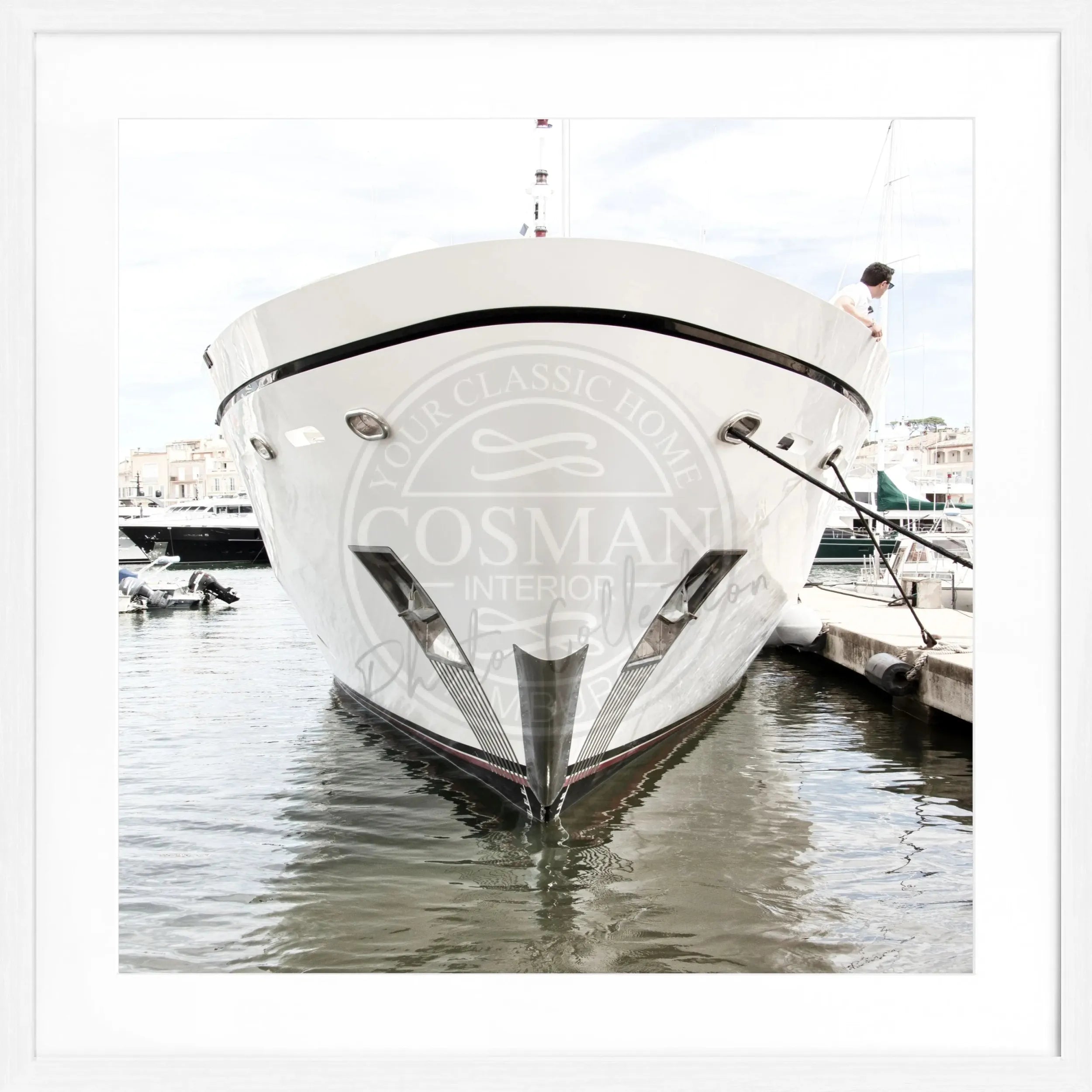 Schwarz-Weiß-Poster mit Rahmen, Motiv einer Yacht in Saint Tropez, von Cosman-Photocollection, quadratisch, 55x55cm