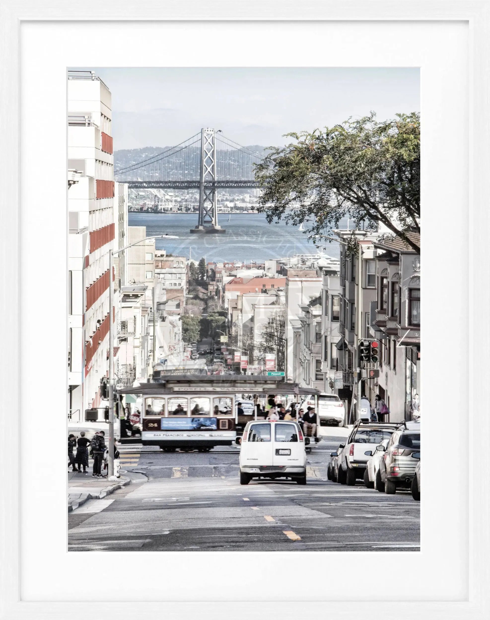 Schwarz-weiß Poster mit Rahmen 'Bay Bridge' San Francisco von Cosman-Photocollection, Motiv im Format 25x31 cm.
