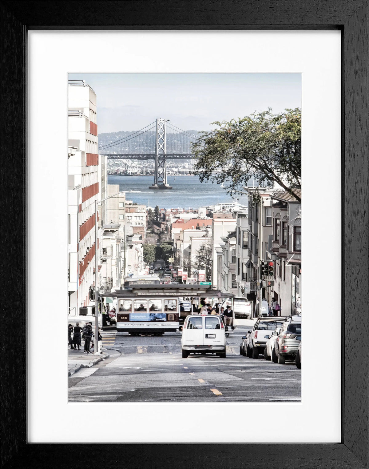 Schwarz-weiß Poster mit Rahmen von Cosman-Photocollection, Bay Bridge San Francisco, 25x31 cm, urbanes Stadtmotiv
