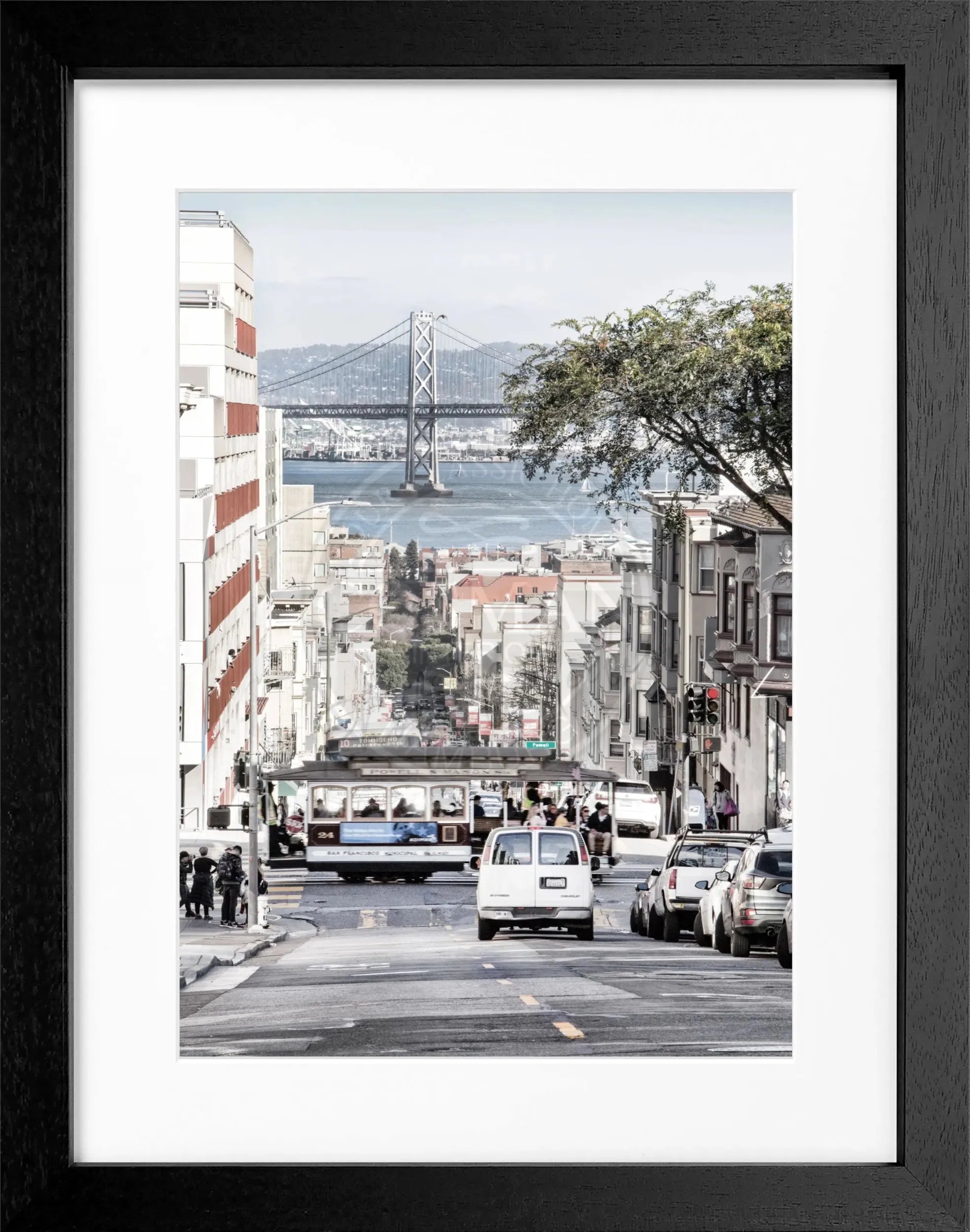 Schwarz-weiß Poster mit Rahmen von Cosman-Photocollection, Bay Bridge San Francisco, 25x31 cm, urbanes Stadtmotiv
