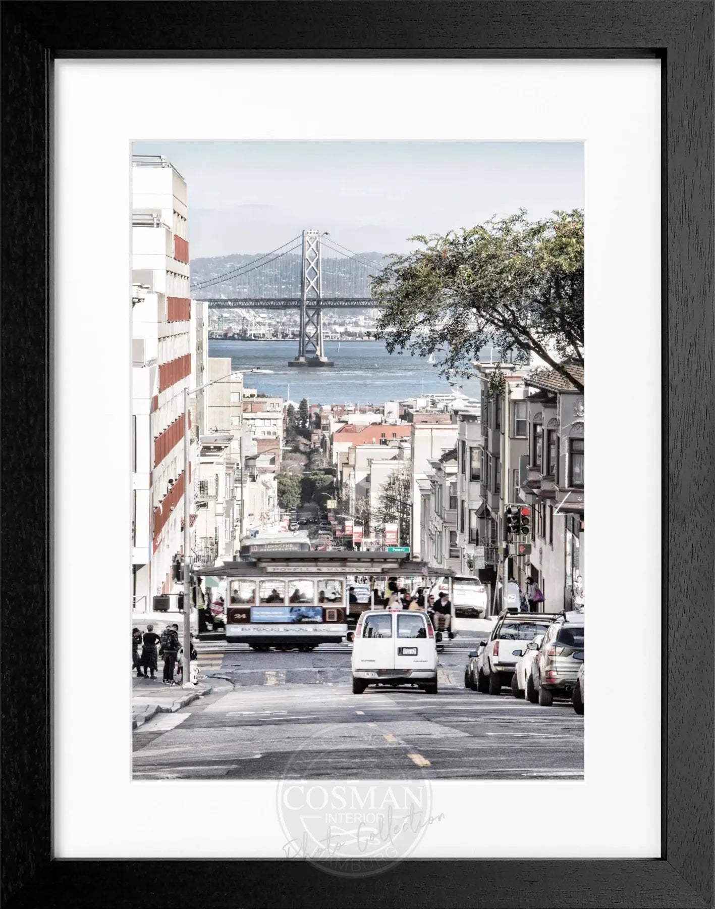 Schwarz-weiß Poster mit Rahmen von Cosman-Photocollection, Bay Bridge San Francisco, 25x31 cm, urbanes Stadtmotiv