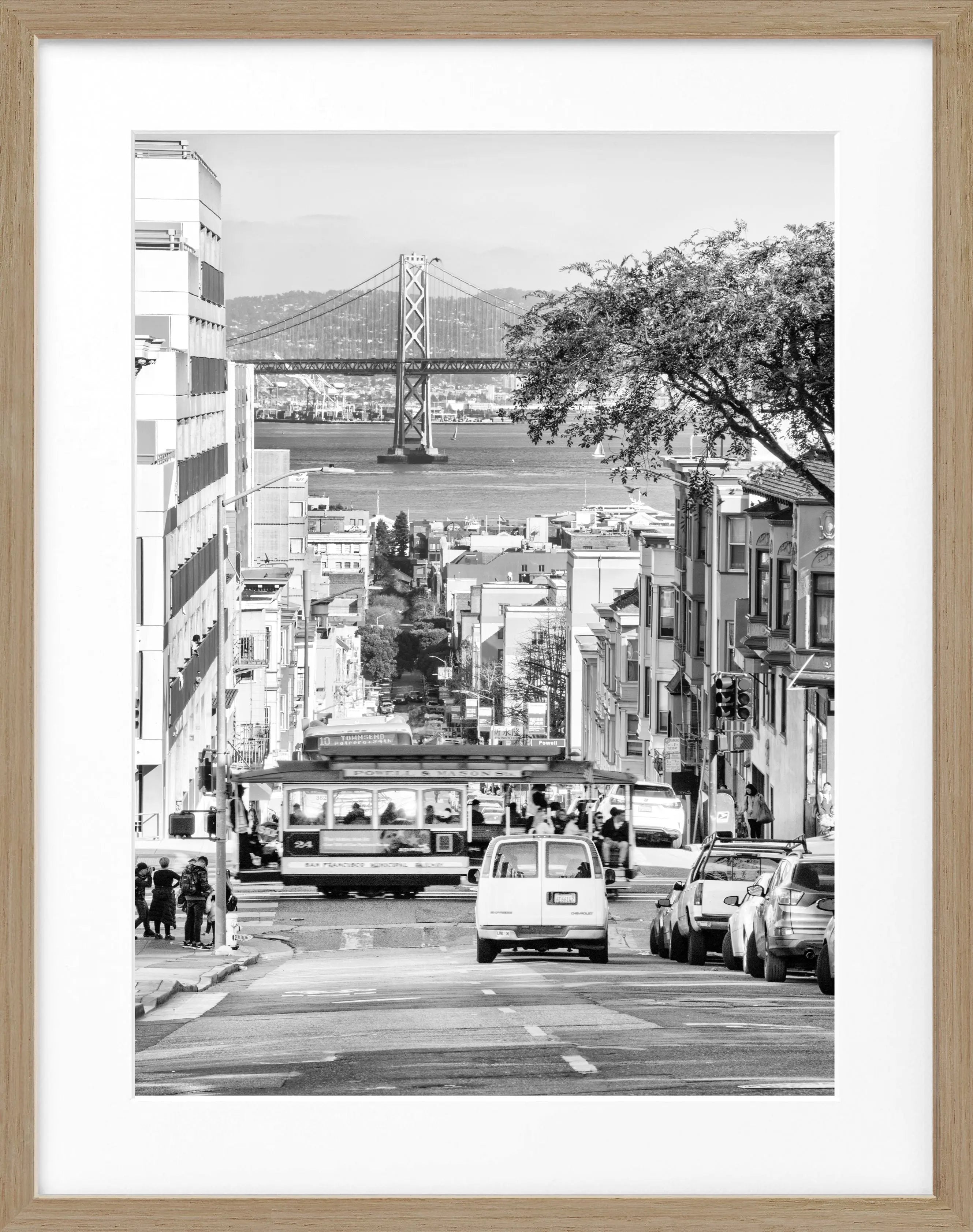 Schwarz-weiß Poster mit Rahmen von Cosman-Photocollection, Bay Bridge San Francisco, 25x31 cm, architektonisches Motiv.