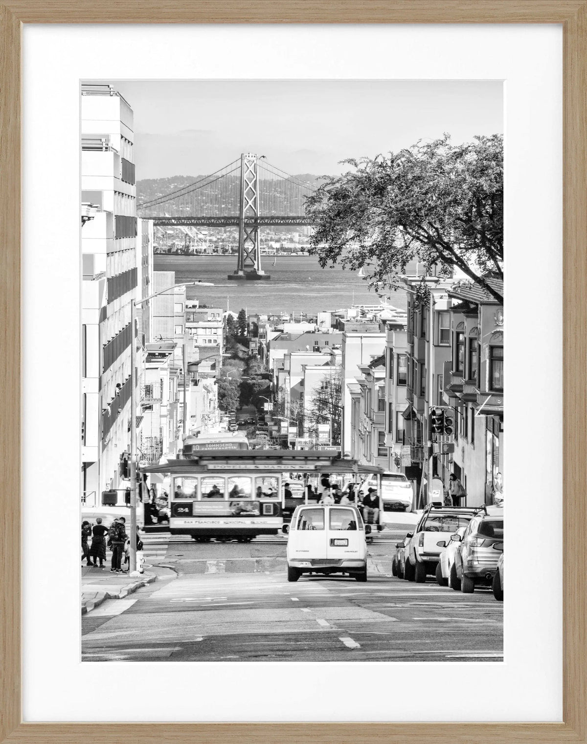 Schwarz-weiß Poster mit Rahmen von Cosman-Photocollection, Bay Bridge San Francisco, 25x31 cm, architektonisches Motiv.