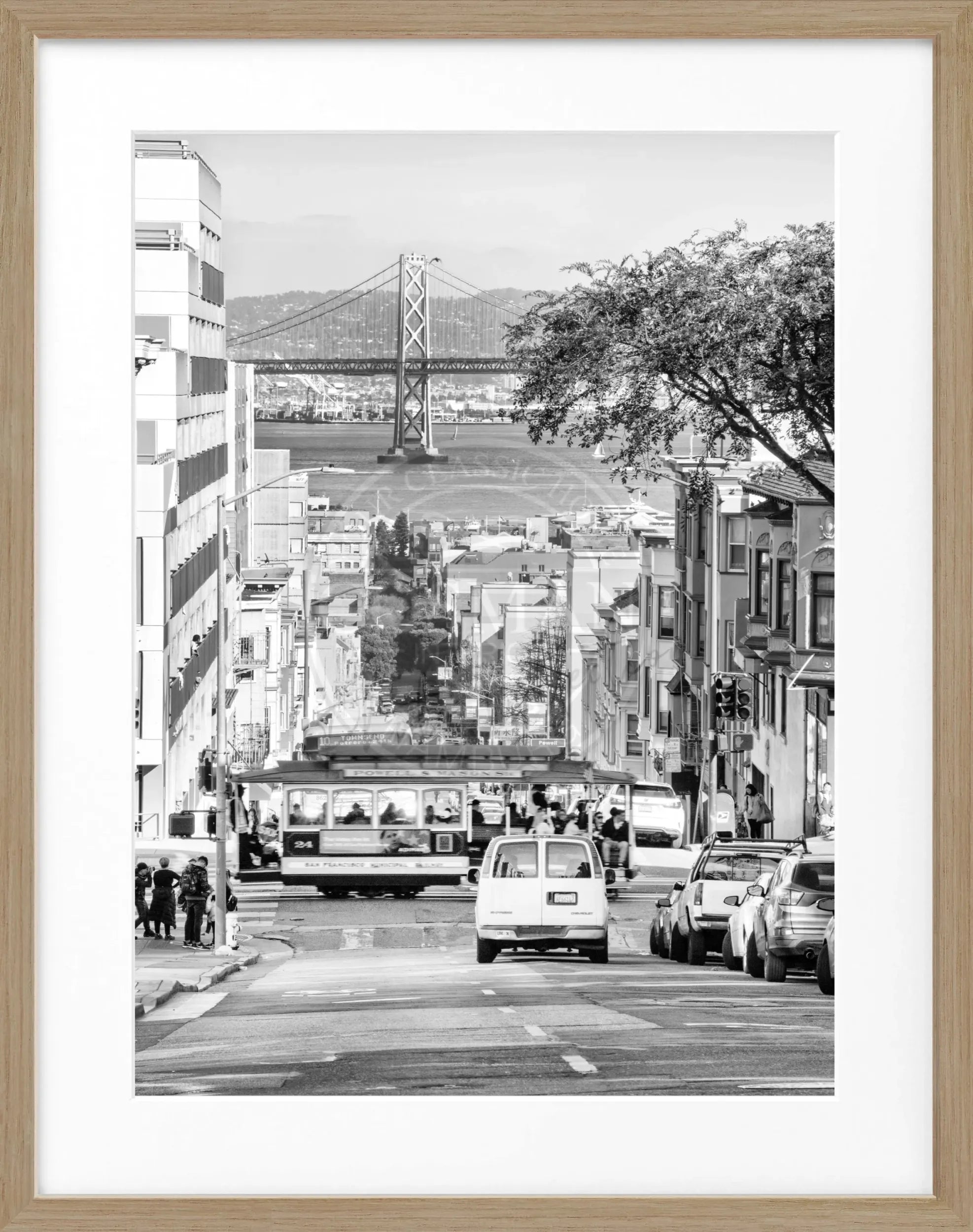 Schwarz-weiß Poster mit Rahmen von Cosman-Photocollection, Bay Bridge San Francisco, 25x31 cm, architektonisches Motiv.