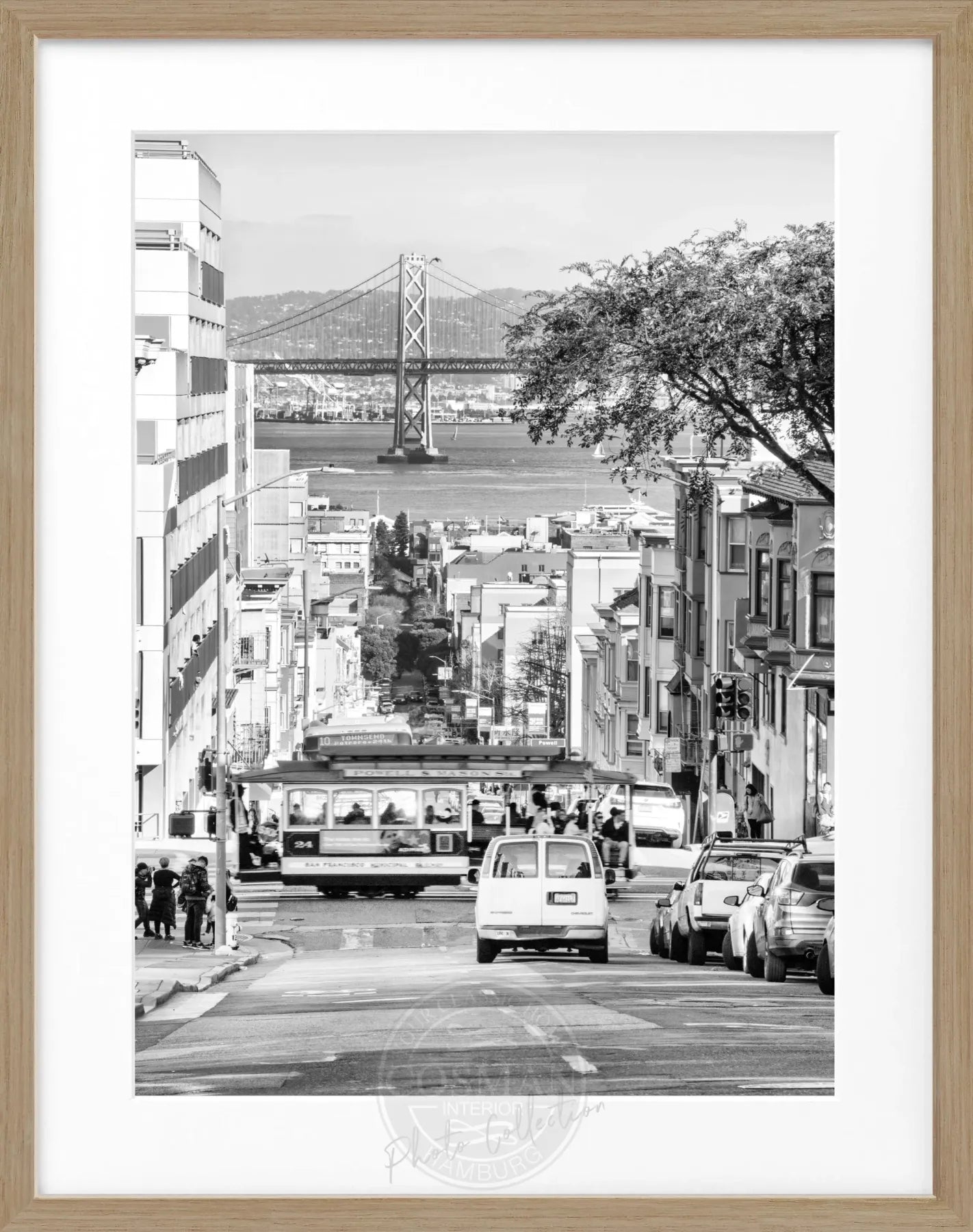 Schwarz-weiß Poster mit Rahmen von Cosman-Photocollection, Bay Bridge San Francisco, 25x31 cm, architektonisches Motiv.