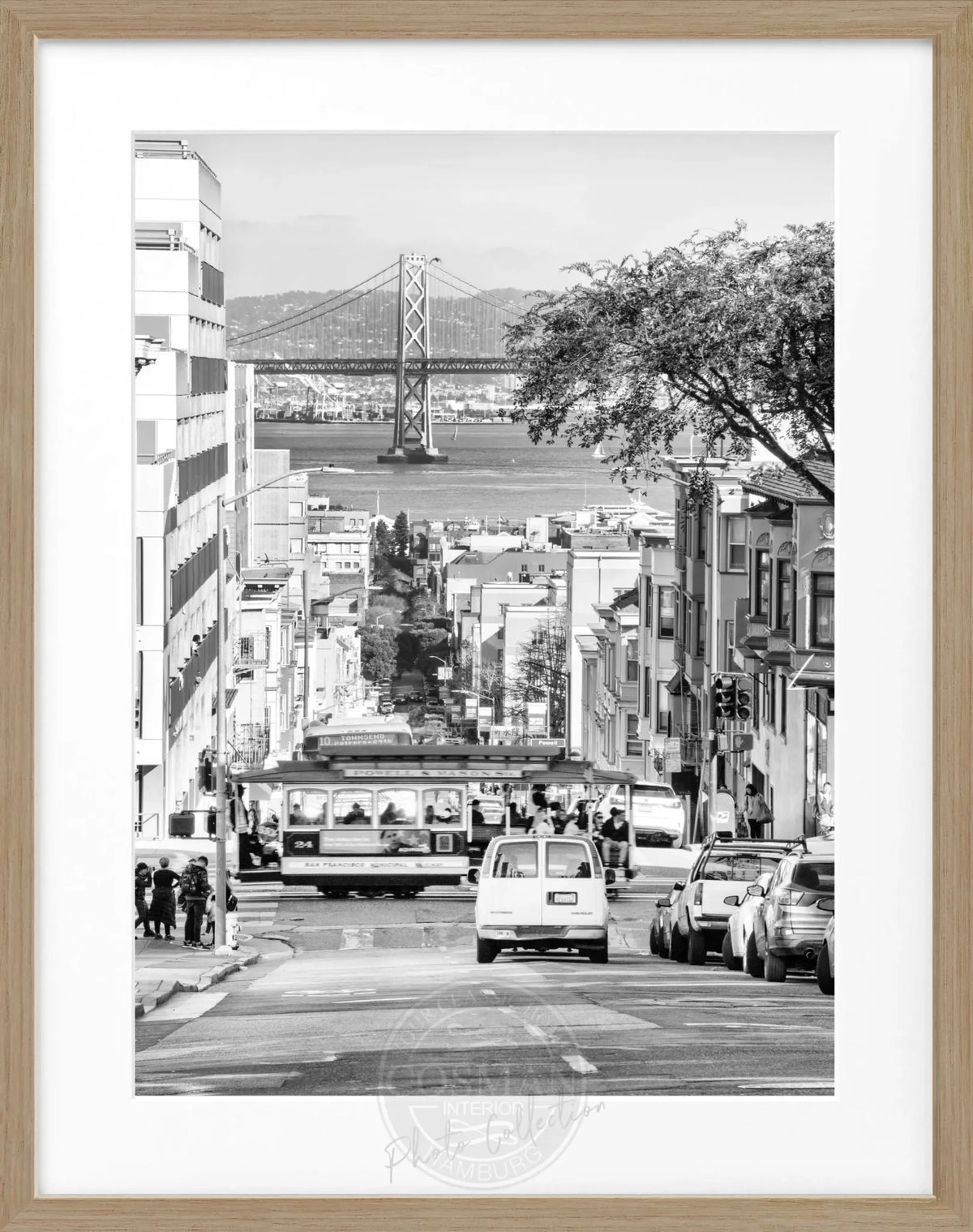 Schwarz-weiß Poster mit Rahmen von Cosman-Photocollection, Bay Bridge San Francisco, 25x31 cm, architektonisches Motiv.