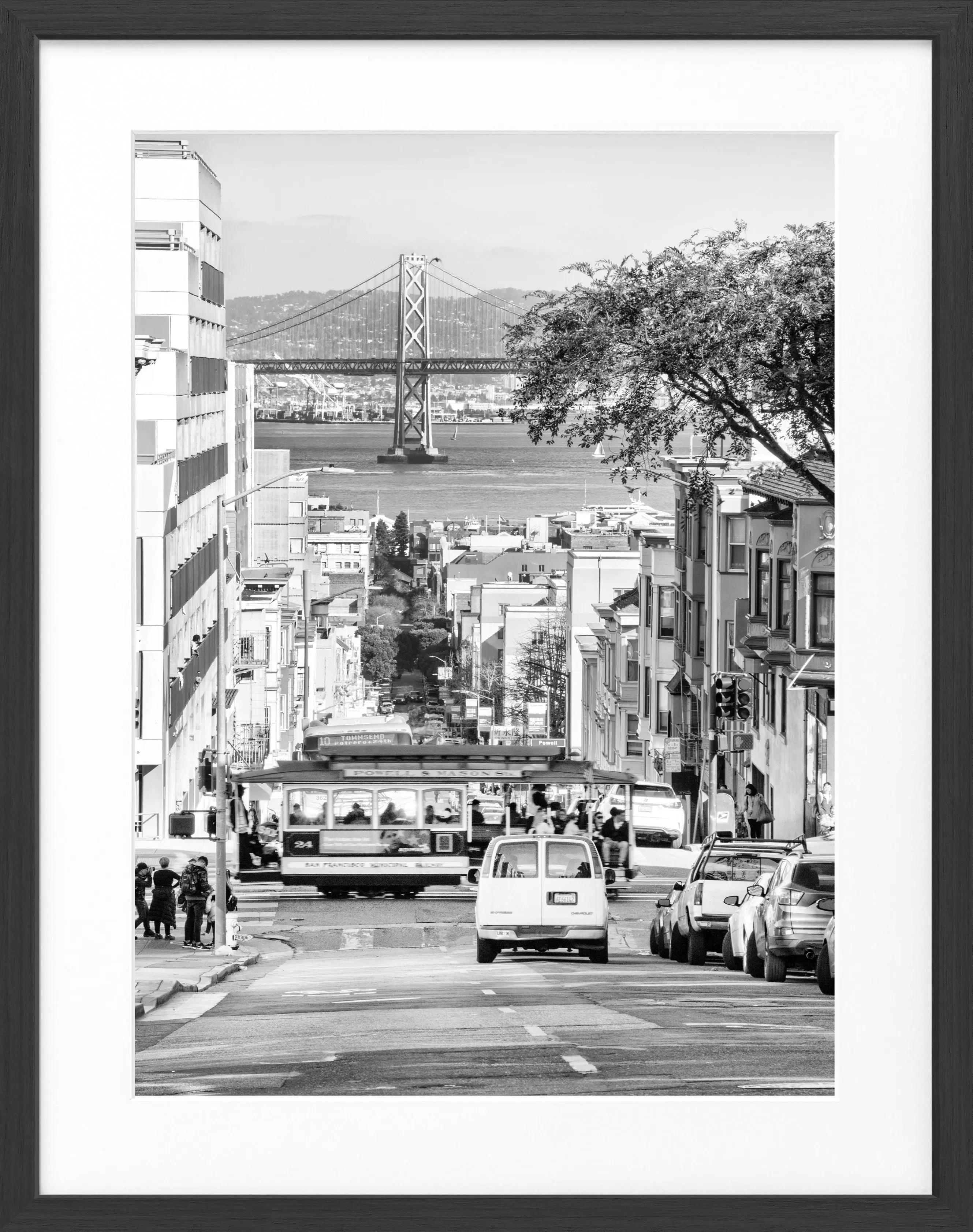 Schwarz-weiß Poster mit Rahmen von Cosman-Photocollection, Bay Bridge San Francisco, 25x31cm, elegantes Wandbild
