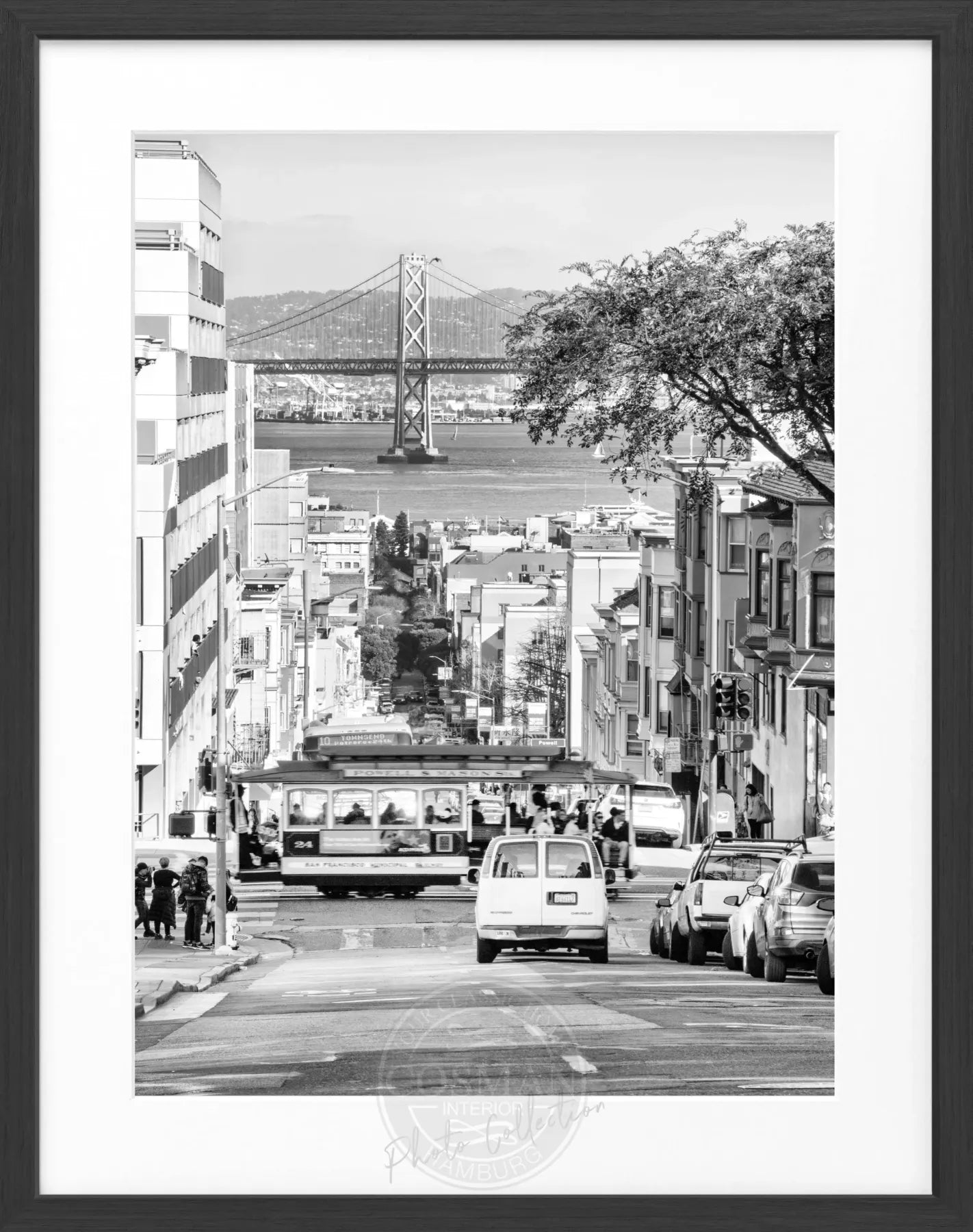 Schwarz-weiß Poster mit Rahmen von Cosman-Photocollection, Bay Bridge San Francisco, 25x31cm, elegantes Wandbild