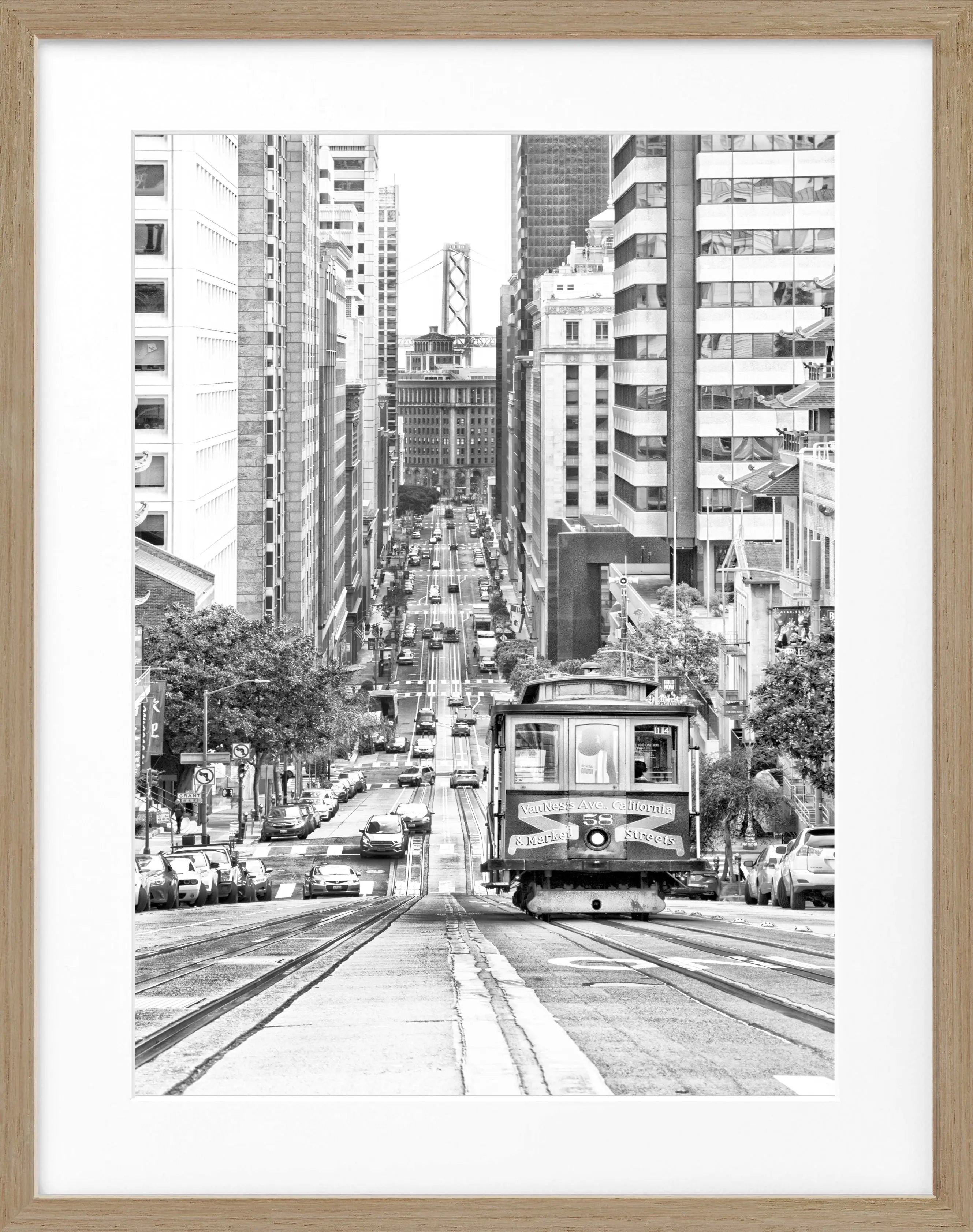 Schwarz-weiß Poster mit Rahmen, Motiv der Seilbahn in San Francisco, von Cosman-Photocollection, 25x31 cm