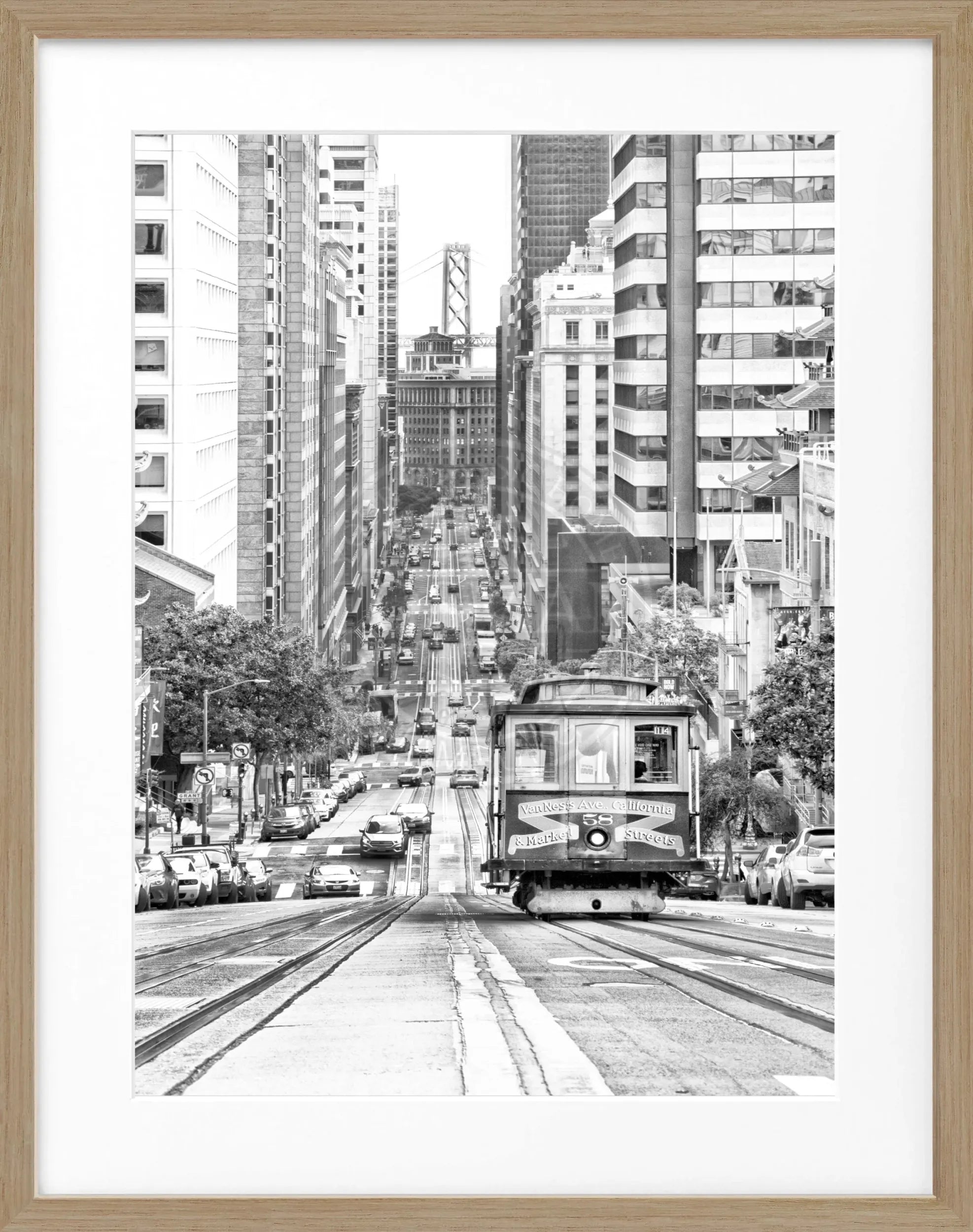 Schwarz-weiß Poster mit Rahmen, Motiv der Seilbahn in San Francisco, von Cosman-Photocollection, 25x31 cm