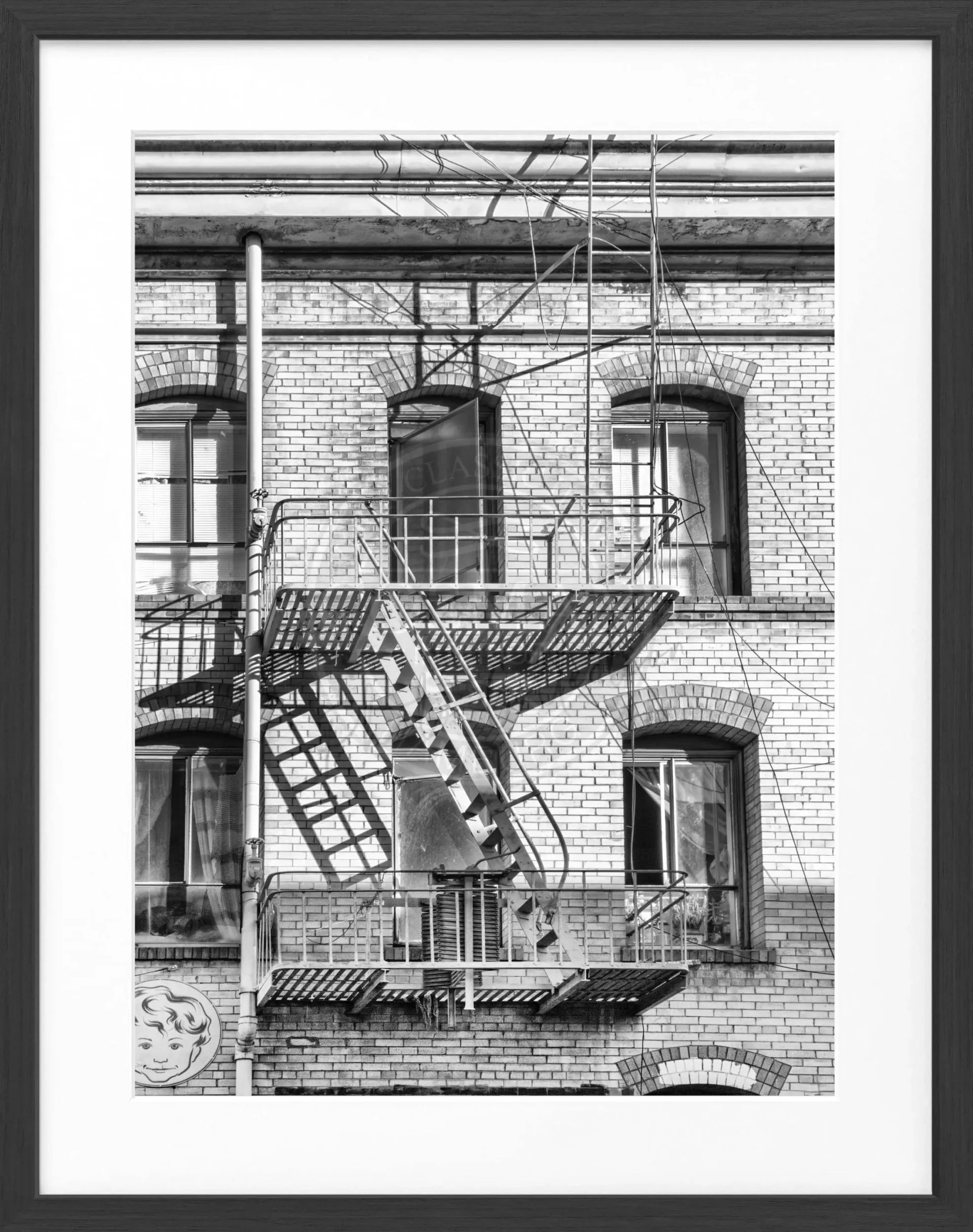 Schwarz-weiß Poster mit Rahmen 'Feuertreppen' in San Francisco, von Cosman-Photocollection, 25x31 cm, urbanes Stadtmotiv