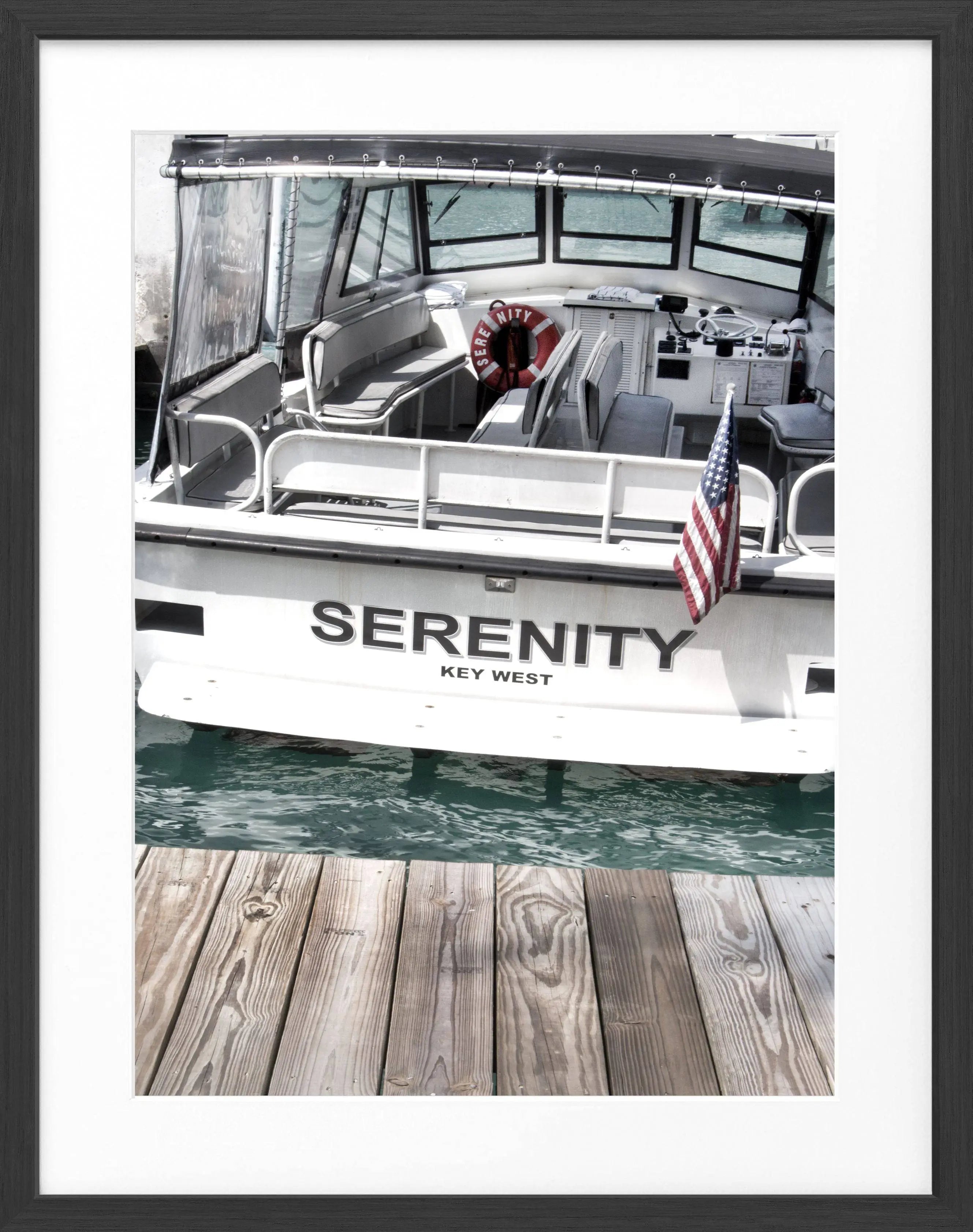 Schwarz-weiß Poster mit Rahmen, Florida Key West Boot Motiv, von Cosman-Photocollection, 25x31 cm